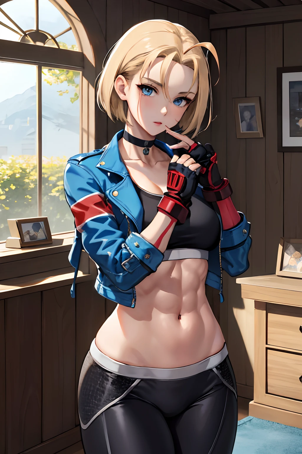 masterpiece, best quality, highres, 1girl, cammy white, short hair, antenna hair, blue eyes, scar on cheek, large breasts, black choker, collarbone, blue jacket, cropped jacket, open jacket, sports bra, midriff, fingerless gloves, black gloves, black pants, standing, indoors,toned,muscular abdomen,huge ass,wide hips,