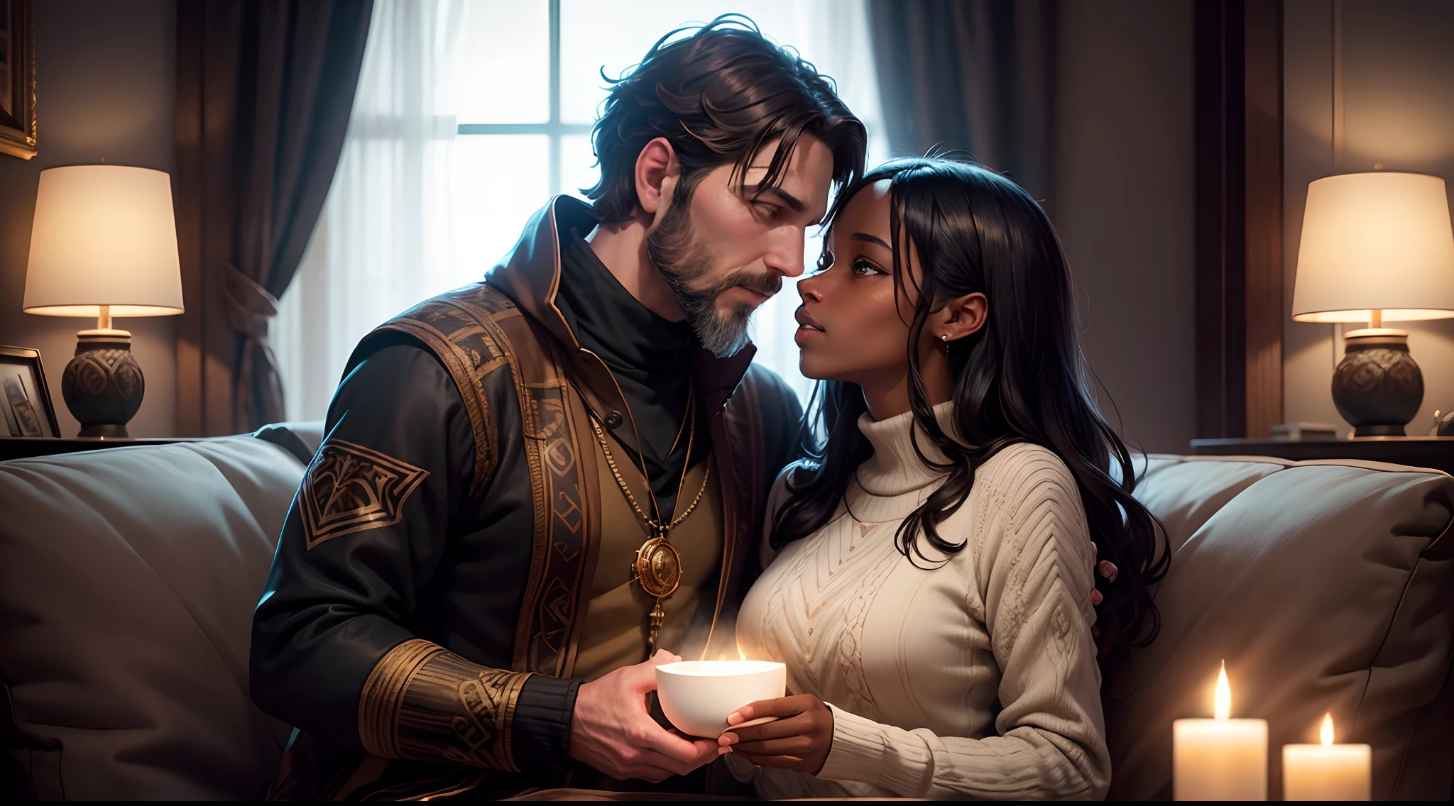 white man in his 40s, with short black hair and facial hair, kissing a young ebony woman in her 25s, with long brown hair. Their bond is evident, their determined expression complementing their warm smile. Their attire reflects personalities. Cozy living room background. Visual masterpiece., centered, symmetrical, painted, intricate, volumetric lighting, beautiful and rich masterpiece in deep colors, sharp focus, ultra detailed, in the style of Dan Mumford and Marc Simonetti, astrophotography
