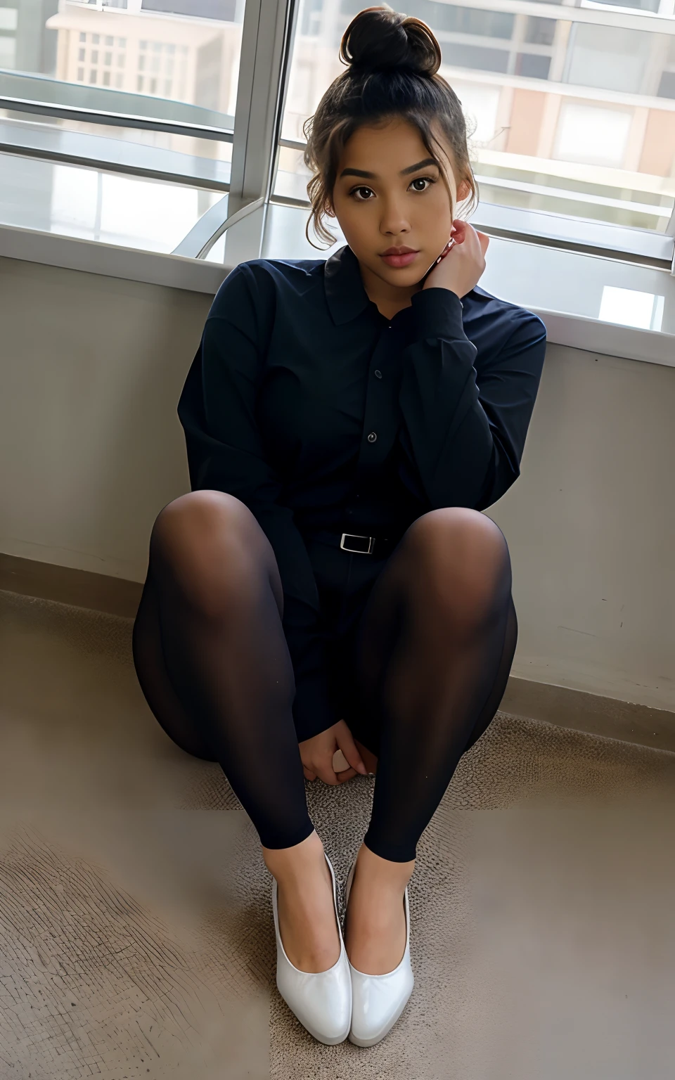show entire body, feet in view, aerial view, curly haired, thick Filipino female, 18y.o. gorgeous, brunette, hair in high bun, American school uniform, shiny black pantyhose, no shoes