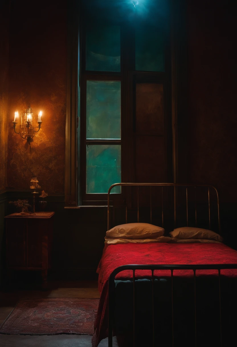 quarto de um predio abandonado homem sentado cama ainda noite