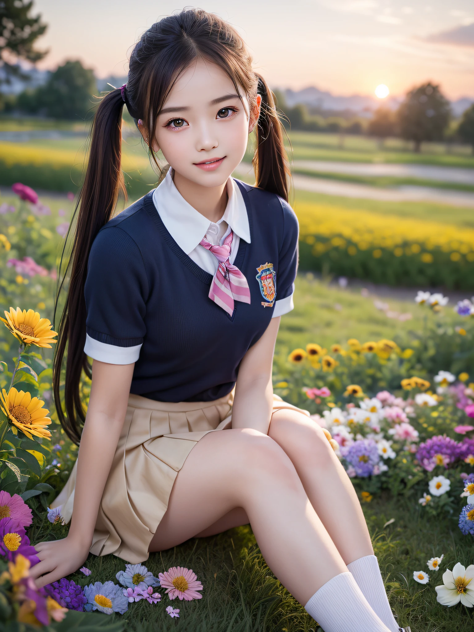 (***ung girls), ((twintails)), brown hair, (highly detailed Beautiful face), Amazing face and eyes, (Best Quality:1.4), (Ultra-detailed), (extremely detailed CG unified 8k wallpaper), Highly detailed, High-definition raw color photos, Professional Photography, Realistic portrait, Amazing face and eyes, Pink eyes, (hi-school uniform, pleated mini skirt:1.3), ((hi-school uniform with open chest)), model, smile shyly, sitting, (open your legs), (((Bokeh))), depth of fields, depth of fields, ((meadow, flower garden)), (Surrounded by many flowers, flowers:1.5), twilight, sunset, (view from below:1.3),