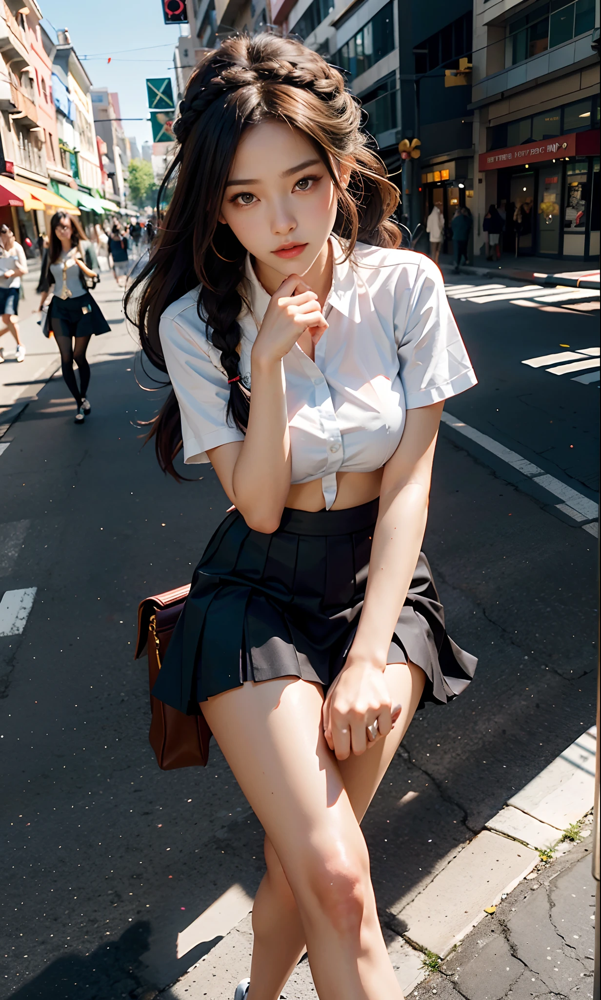 masterpiece,best quality,highres,rikka1,1girl,(cowboy shot,covering mouth,squatting),takarada rikka,black hair,solo,wrist scrunchie,long hair,red socks,school uniform,black skirt,bangs,pleated skirt,orange scrunchie,red bow,white cardigan,long sleeves,bowtie,white shirt,miniskirt,white sweater,street,bus stop,sunset,shadow