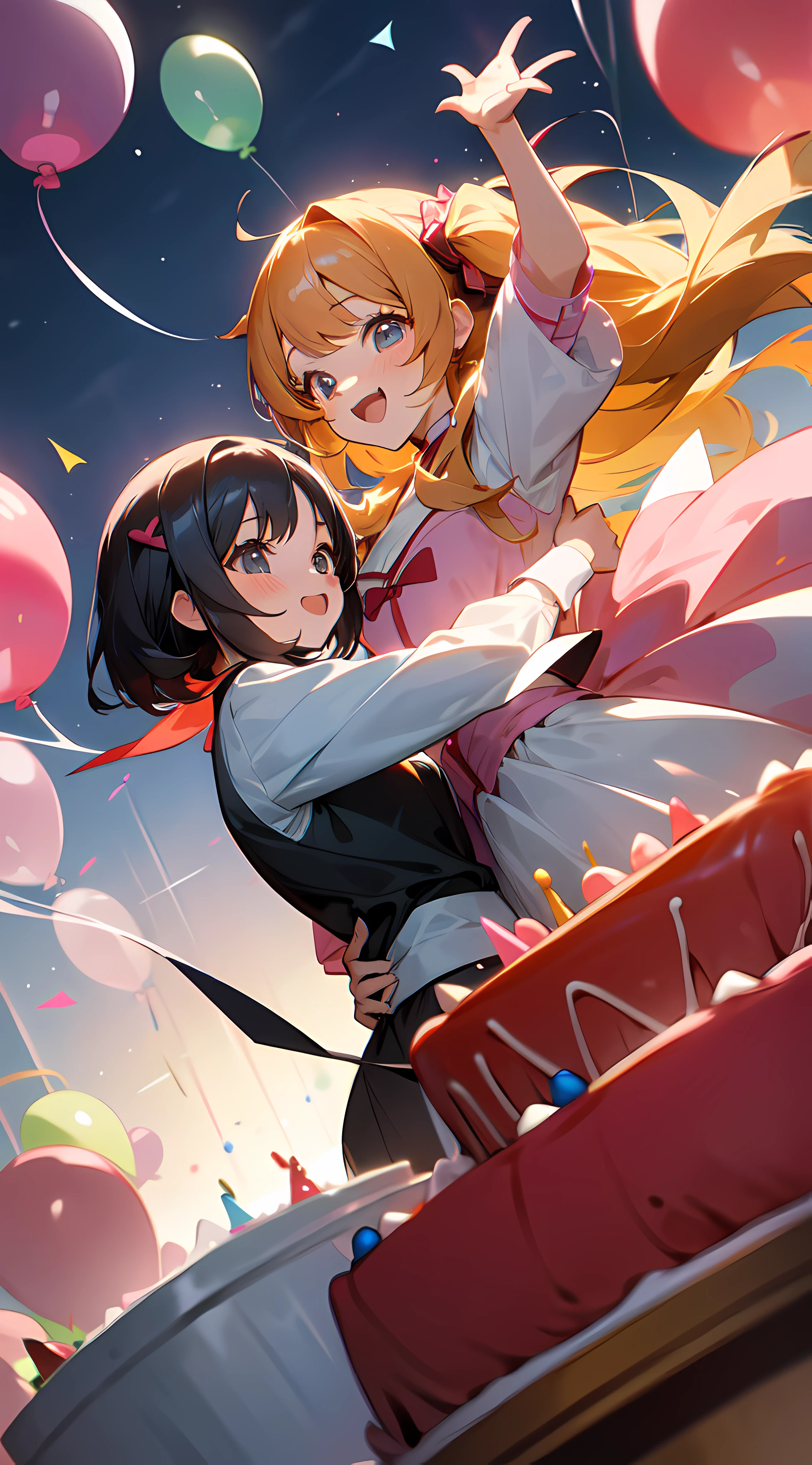 Anime AI girl, little girls, two girls, sisters, best friends, birthday, happy, laughing, smiling, birthday party, cake, balloons, blowing out candles, lights out, night time, dancing, people in the background smiling, anime