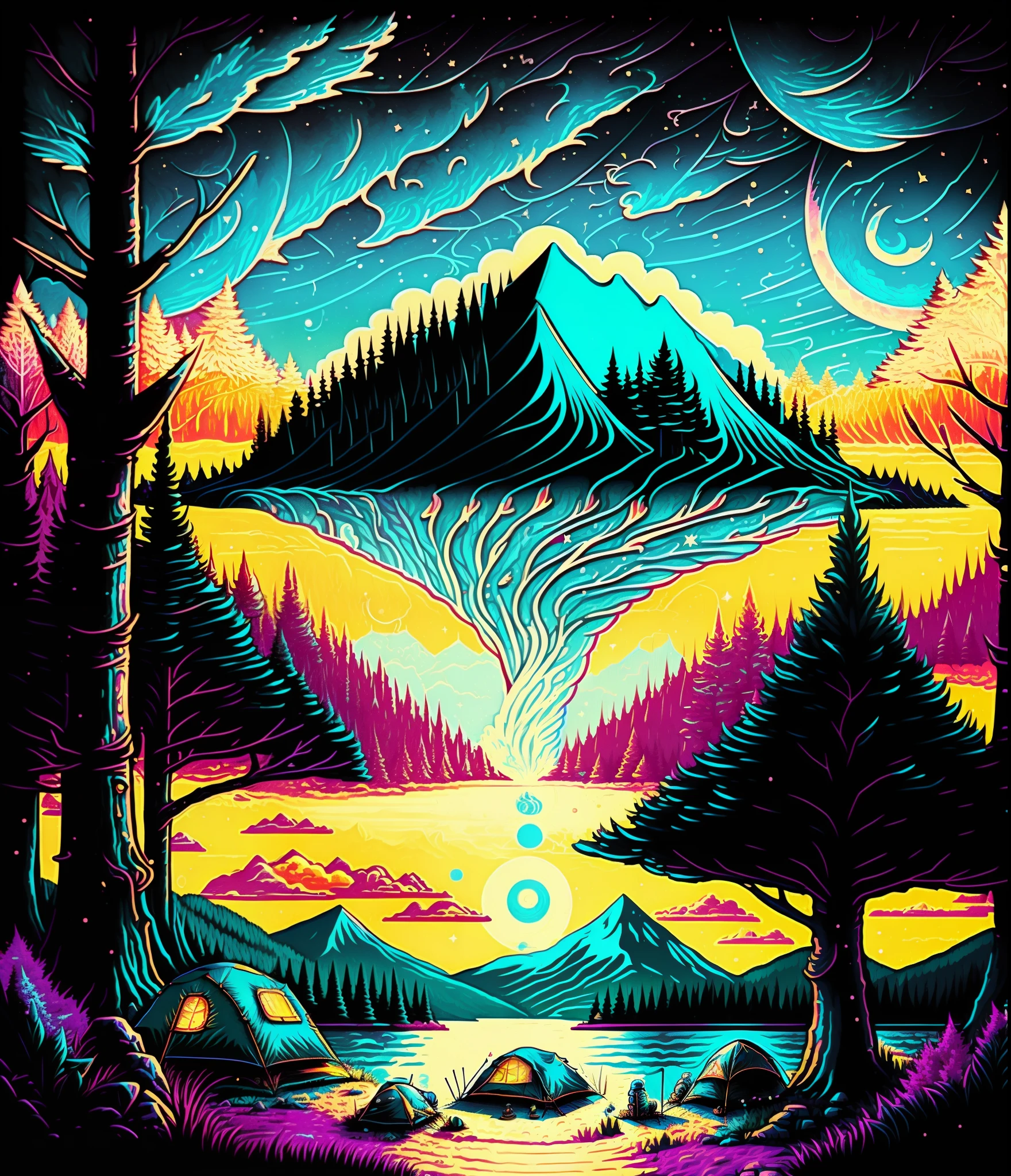 Design a simple camping sticker that expresses the atmosphere of camping in harmony with nature。Forests and lakes、Incorporating natural elements such as the starry sky、Come up with a design that conveys the peaceful and relaxed atmosphere of the outdoors。