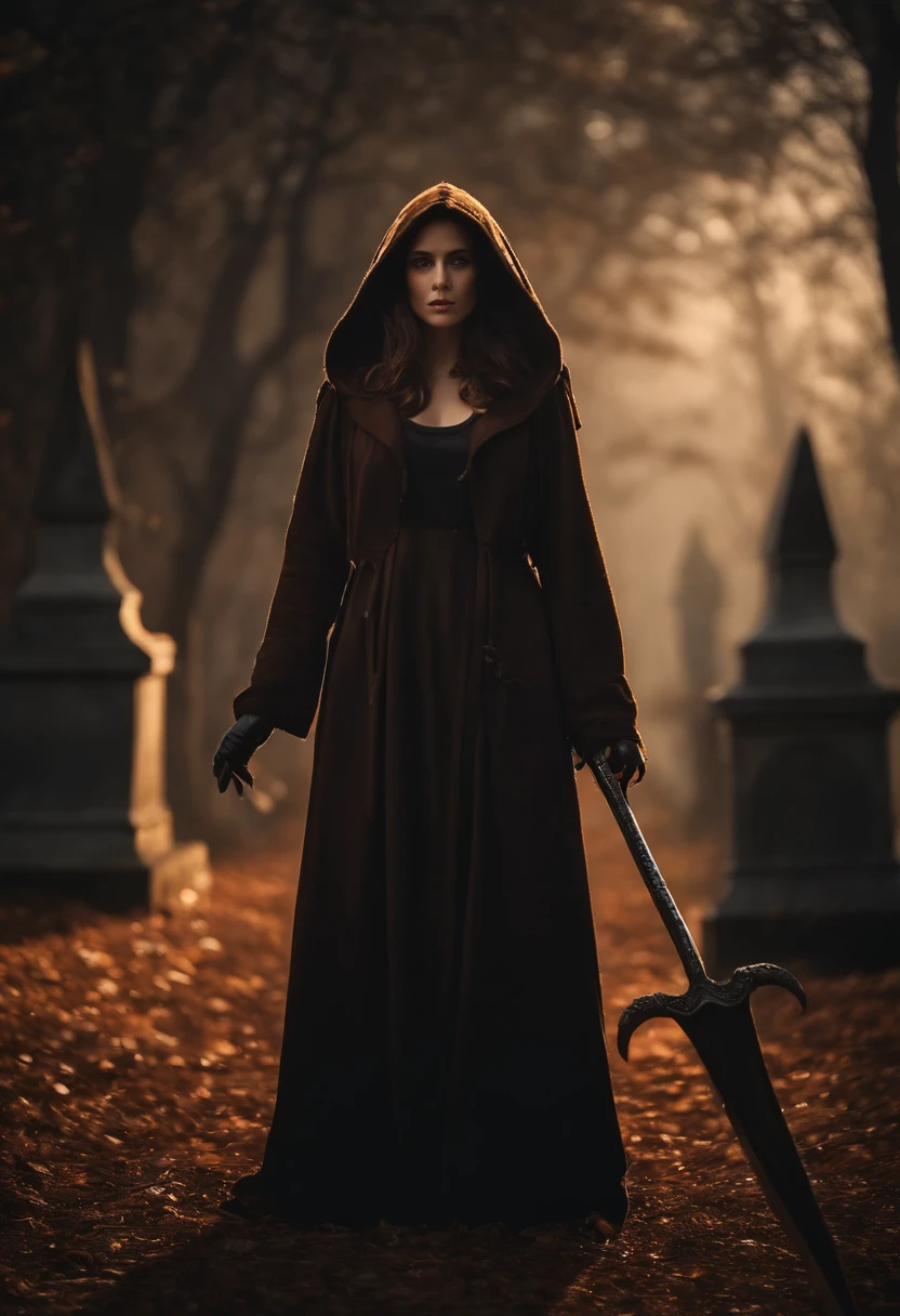Grim Reaper and Cute Hooded Girl,The Grim Reaper emerges from the swirling shadows.Stand in the Cemetery of Forgotten Souls.(Female Grim Reaper Protecting a Girl from Behind:1.3,)Wielding a scythe,(Light brown and light orange striped hair:1.3,),Perfect face,Proper body proportion,masutepiece,High-quality output images,超A high resolution,Intricate details,Very delicate and beautiful hair,photographrealistic,Dreamy,Professional Lighting,realistic shadow,Solo Focus,Beautiful hands,Beautiful fingers,Detailed finger features,detailed clothes features,Detailed hair features,detailed facial features,
