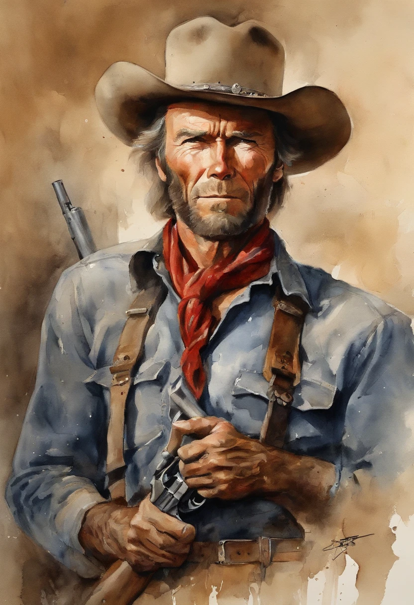 A cowboy (Clint Eastwood) holding a gun in her hand, ((Angry 1.4)), Raid a running horse, Screaming,  Dark background, pastels, author：Harry Bush, James Montgomery Flagg and Louise Van Barr、Jim French and Roslav, Detailed and realistic eyes, Big barefoot, The crotch is large and raised, Very handsome, Beautiful