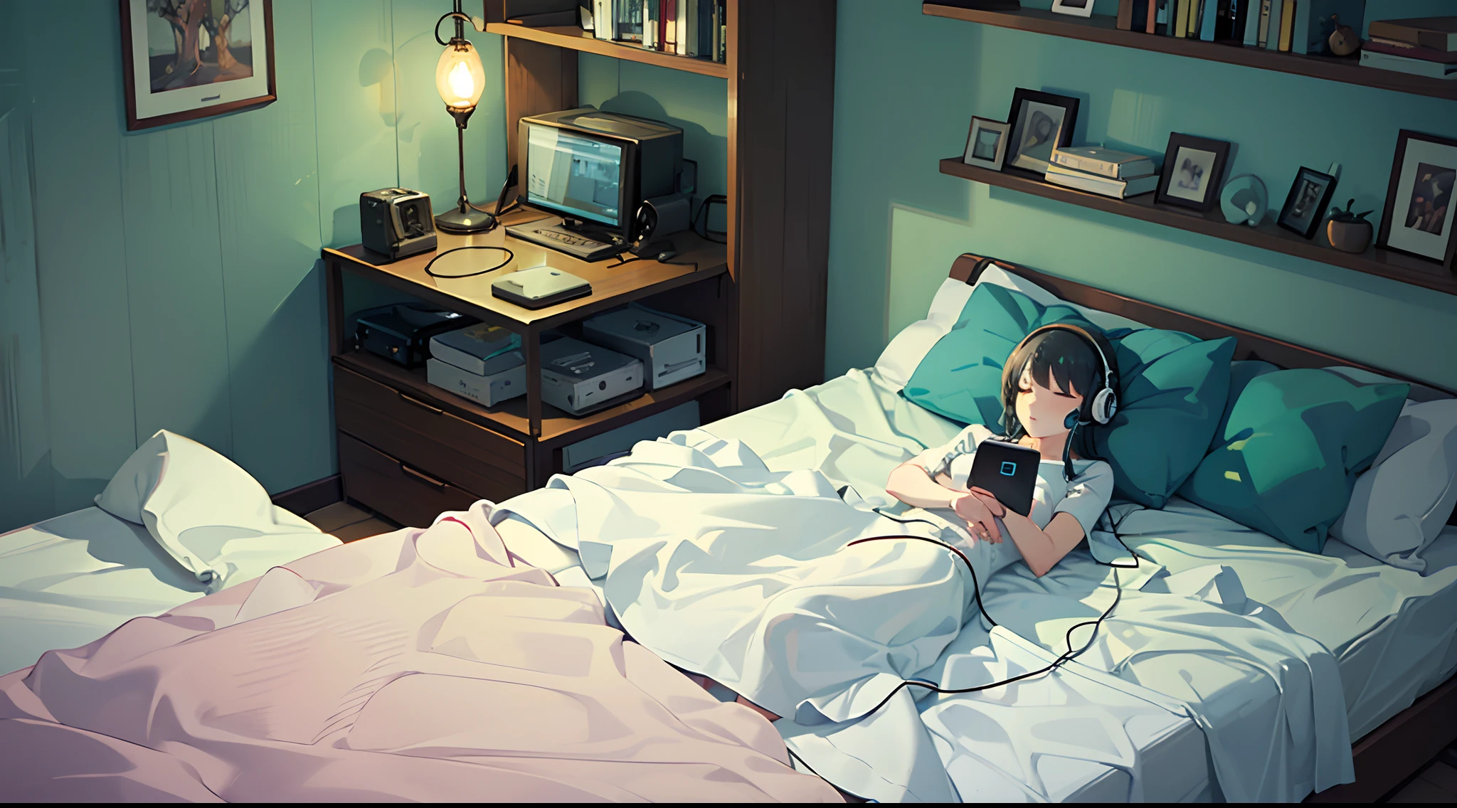 1girl, short hair, wearing white hoodie and black shorts, inside the bedroom, in the bed, sitting, sleepy expression, morning, there are few books inside the room, a dresser with glasses, alarm and some plants on pot on top of the dresser, wooden floor, some stuff in the wall like calendar, clock, warming calm ambience, light coming from the window, masterpiece, ultrahd, 4K