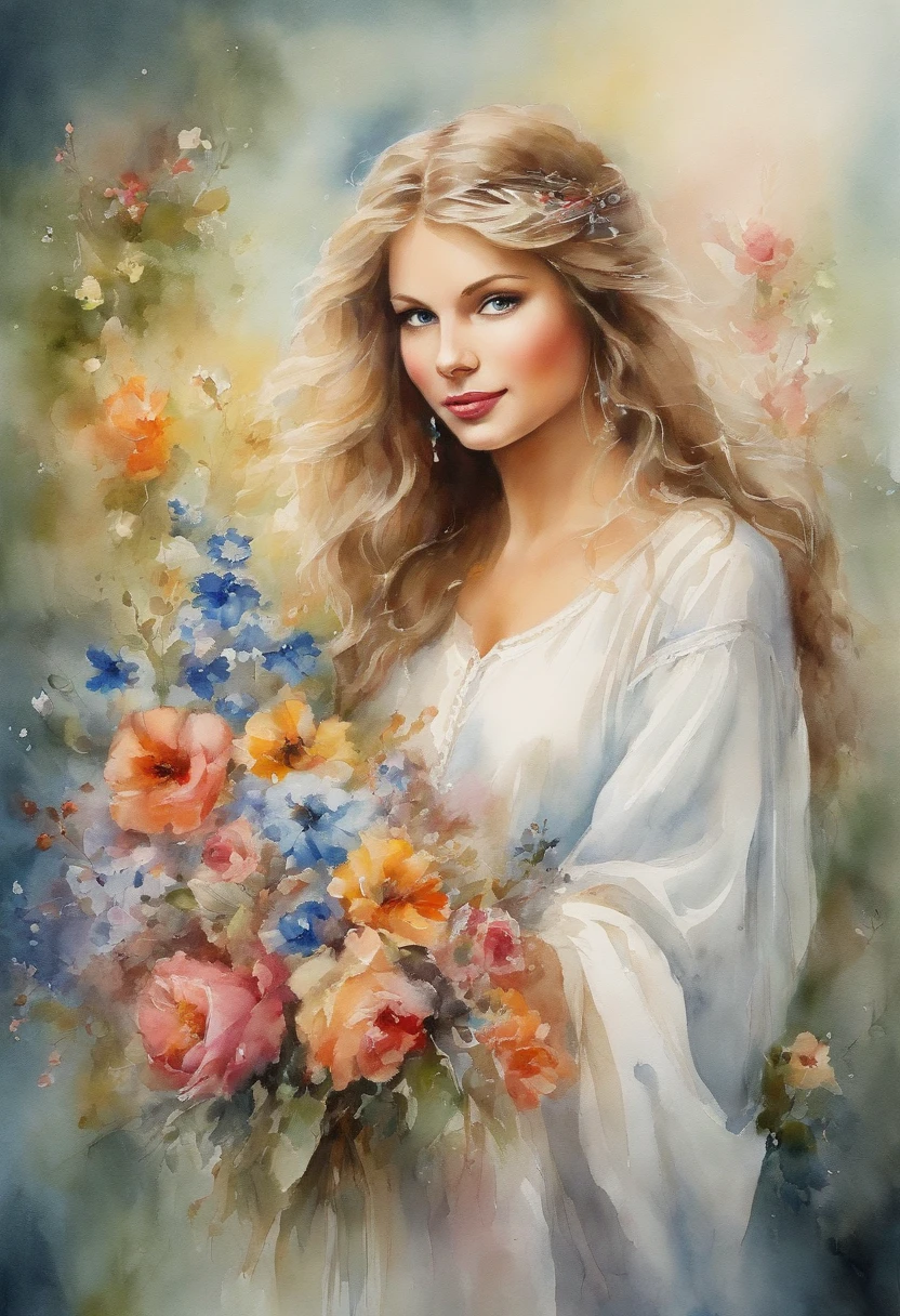 Young girl about 25 years old with blue eyes, taylor swift, muy bella a los pies de la tumba de su madre rodeada de flores y mariposa, with a bouquet of flowers in his hand and the image of Jesus in heaven