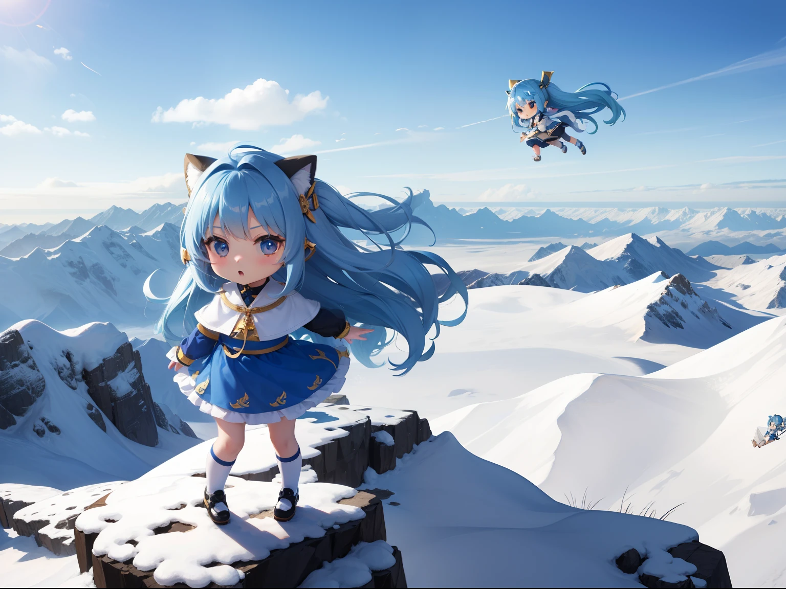 Girl character　Flying in the sky where you can see the mountains。long hair with blue hair((Chibi Chara))、Fluffy、girl with、Chibi Chara、full body Esbian、Pastel colors hair、masutepiece、top-quality、