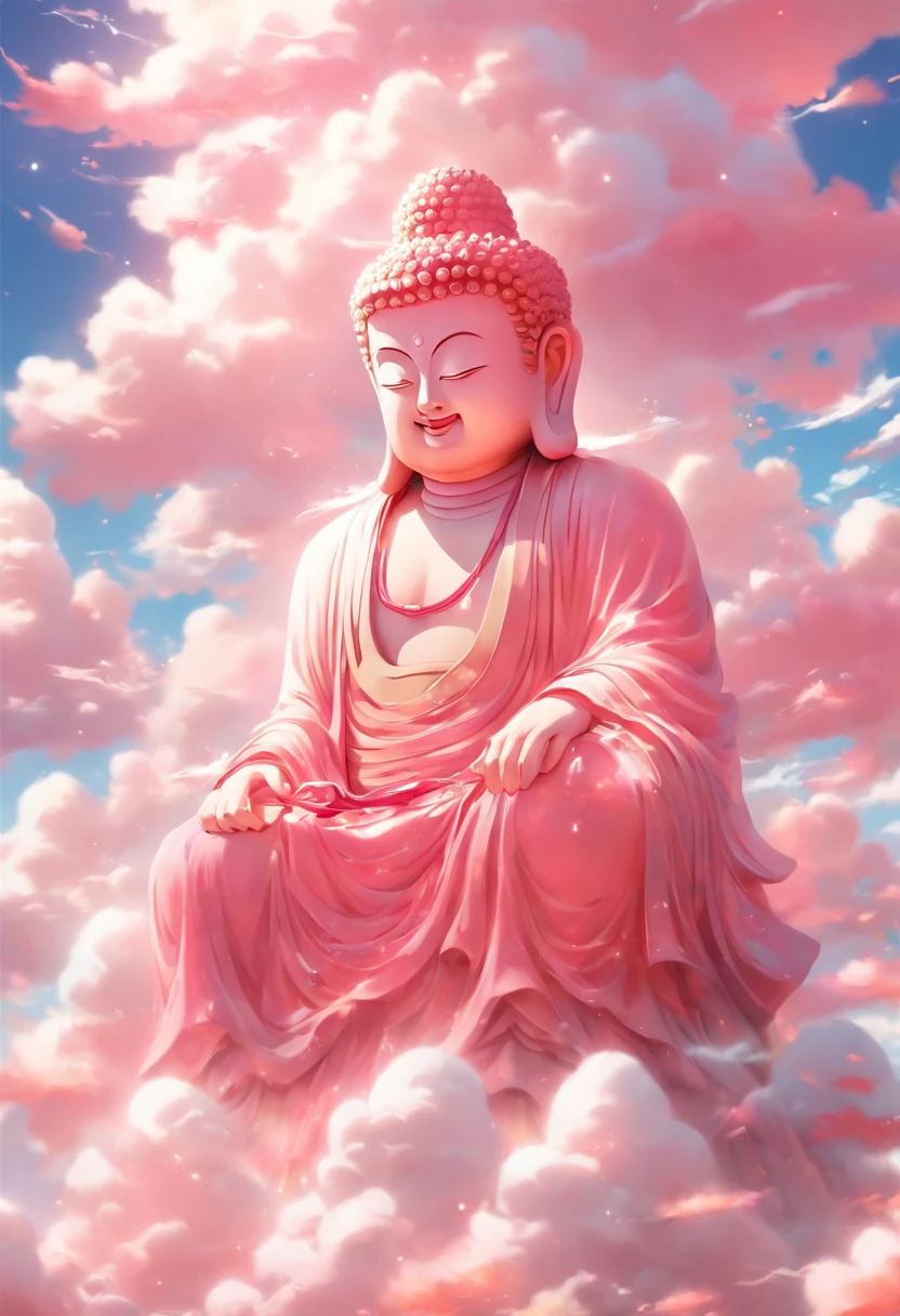 ((masutepiece)),(Best quality)),China style,In the sky, The clouds form a huge transparent shiny white jade Maitreya Buddha statue,Thick clouds,and the sun was shining brightly,Pilgrims on the road,Hyper-realistic,Ultra photo realsisim,Pink,8K,High definition,high qulity,Works of masters,super-fine,(((OC renderer)))