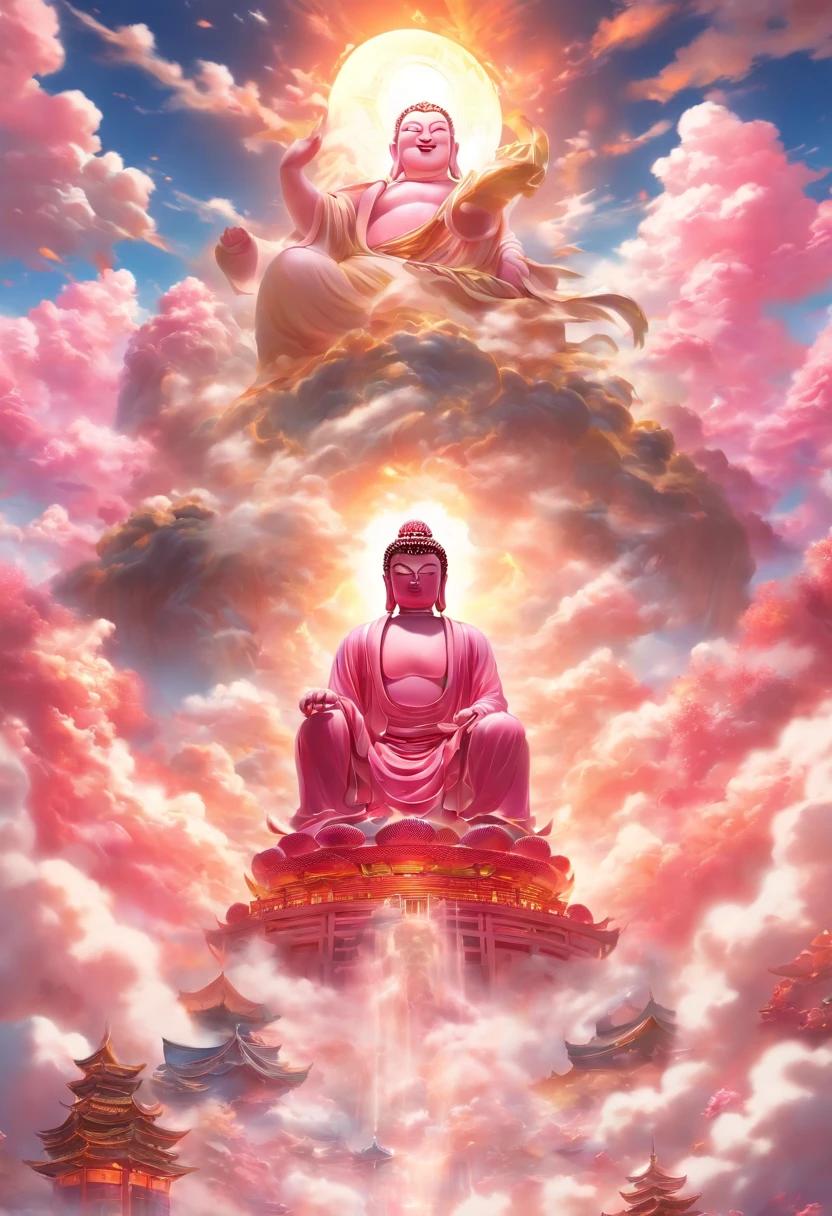 ((masutepiece)),(Best quality)),China style,In the sky, The clouds form a huge transparent shiny white jade Maitreya Buddha statue,Thick clouds,and the sun was shining brightly,Pilgrims on the road,Hyper-realistic,Ultra photo realsisim,Pink,8K,High definition,high qulity,Works of masters,super-fine,(((OC renderer)))