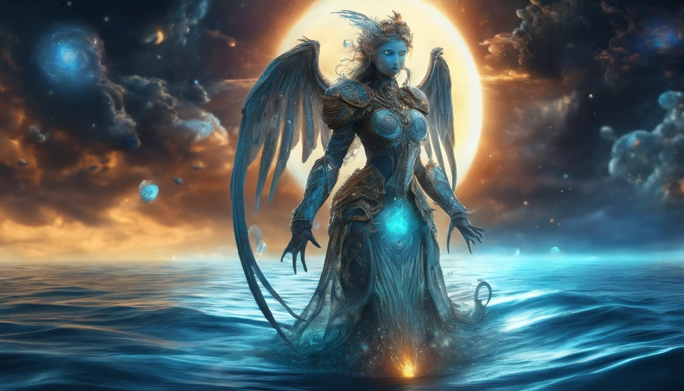Cosmic Fallen Angel, glowing light eyes, Delicate and beautiful face,Bigchest,Biomechanical, eerie, Dream-like, Very bright colors, Light particles, with light glowing, Mshiv, wallpaper art, UHD wallpaper
