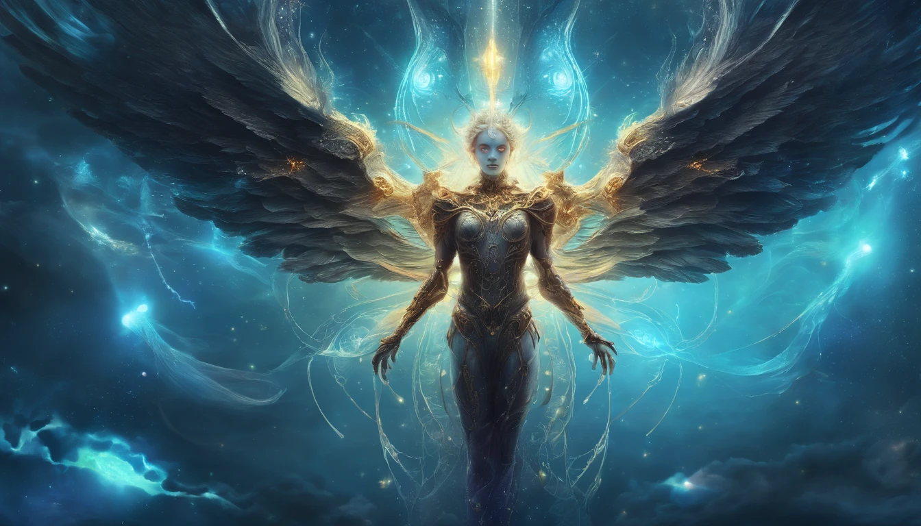 Cosmic Fallen Angel, glowing light eyes, Delicate and beautiful face,Bigchest,Biomechanical, eerie, Dream-like, Very bright colors, Light particles, with light glowing, Mshiv, wallpaper art, UHD wallpaper