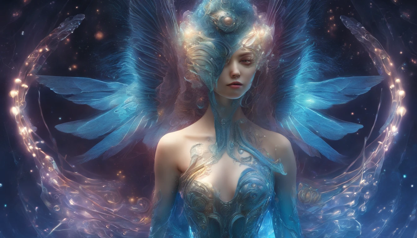 Cosmic Fallen Angel, glowing light eyes, Delicate and beautiful face,Bigchest,Biomechanical, eerie, Dream-like, Very bright colors, Light particles, with light glowing, Mshiv, wallpaper art, UHD wallpaper