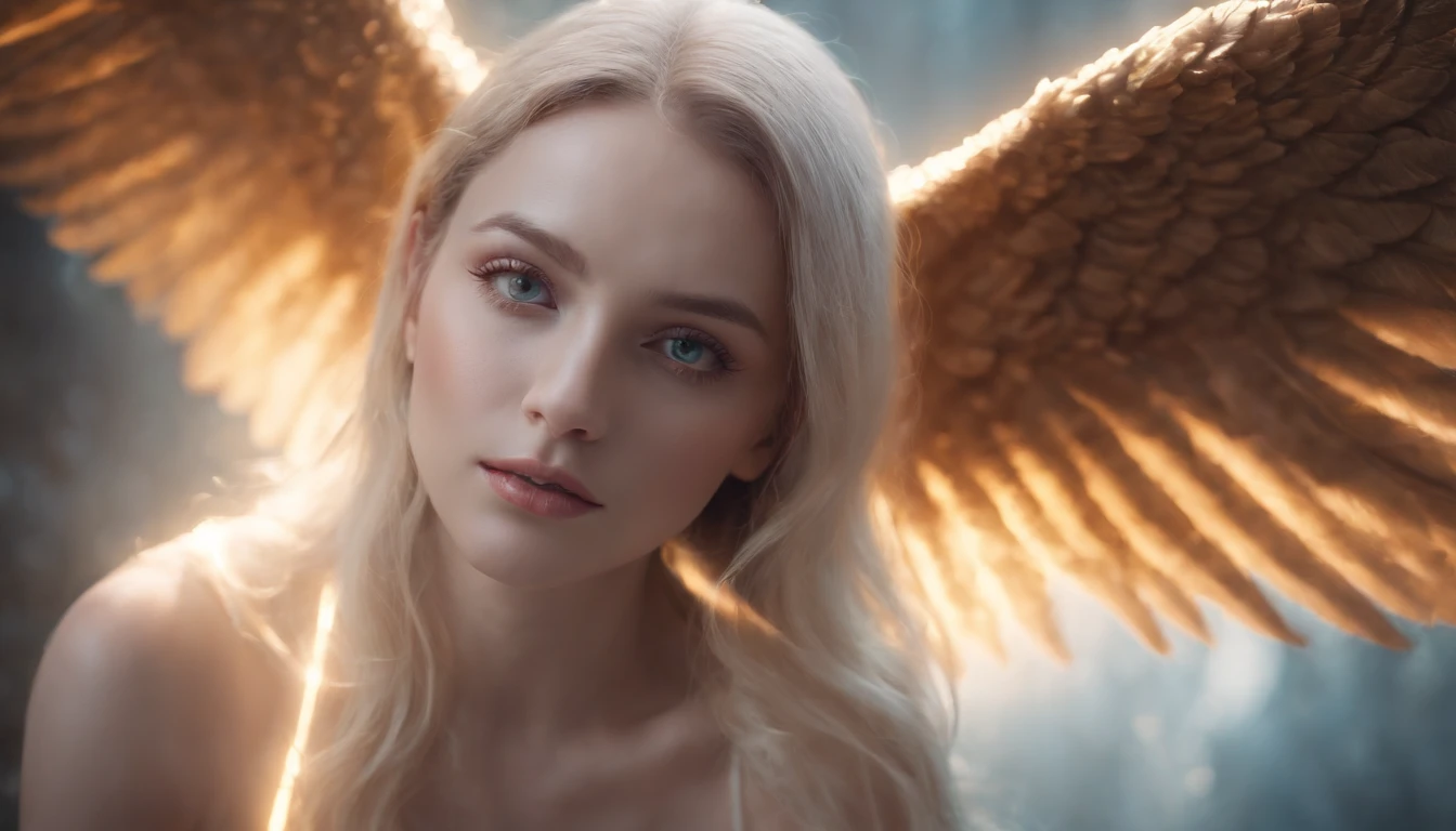 Cosmic Fallen Angel, glowing light eyes, Delicate and beautiful face,Bigchest,Biomechanical, eerie, Dream-like, Very bright colors, Light particles, with light glowing, Mshiv, wallpaper art, UHD wallpaper