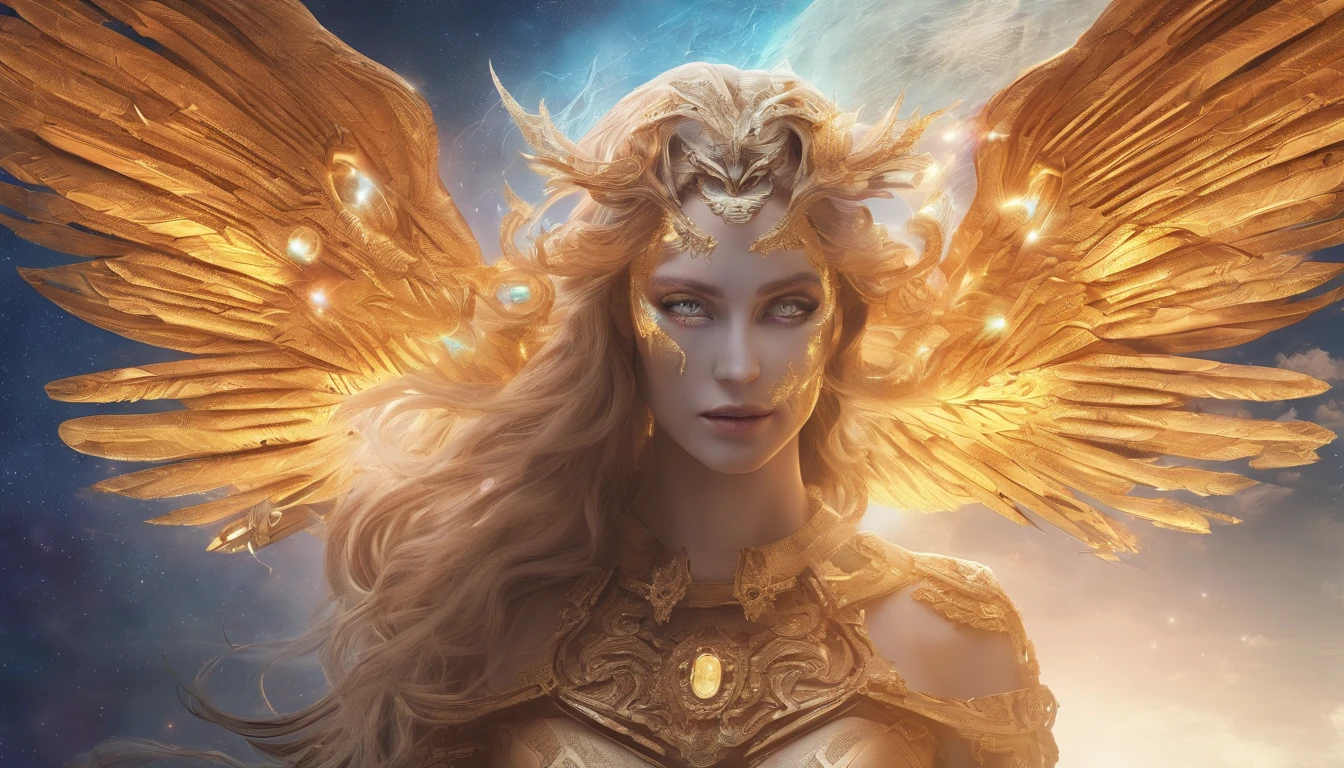 Cosmic Fallen Angel, glowing light eyes, Delicate and beautiful face,Bigchest,Biomechanical, eerie, Dream-like, Very bright colors, Light particles, with light glowing, Mshiv, wallpaper art, UHD wallpaper