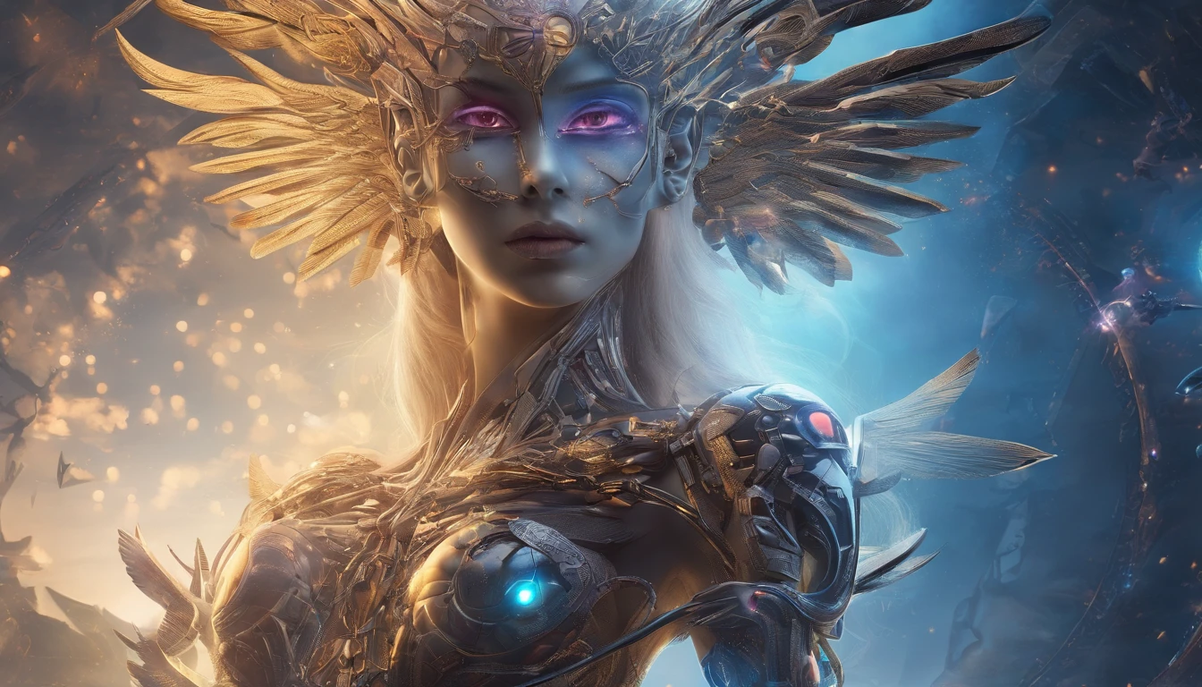 Cosmic Fallen Angel, glowing light eyes, Delicate and beautiful face，Bigchest，Biomechanical, eerie, Dream-like, Very bright colors, Light particles, with light glowing, Mshiv, wallpaper art, UHD wallpaper