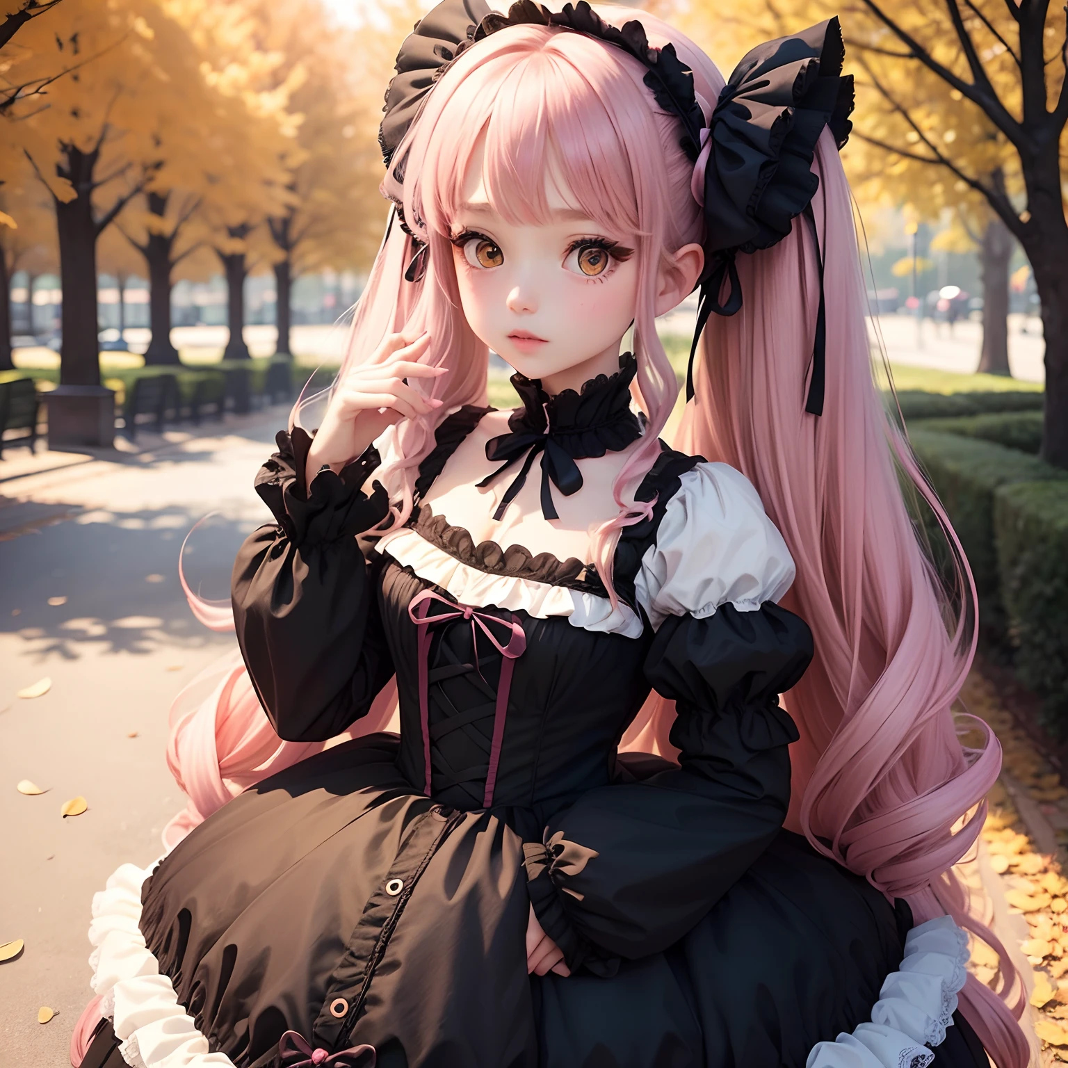 (Loose fluffy long hair twin tails,)(a beauty girl,)(Delicate hand,)(delicate finger,)(Black and pink ta fashion with ruffles,)(Wonderful Western-style building,)(Wonderful autumn leaves,)(Best Quality,)(top-quality,)