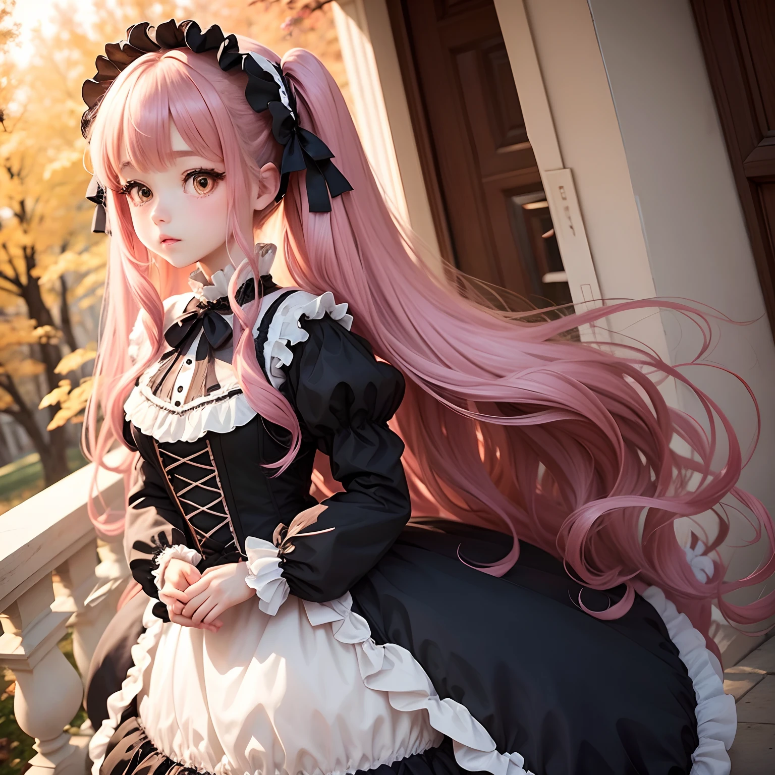 (Loose fluffy long hair twin tails,)(a beauty girl,)(Delicate hand,)(delicate finger,)(Black and pink ta fashion with ruffles,)(Wonderful Western-style building,)(Wonderful autumn leaves,)(Best Quality,)(top-quality,)
