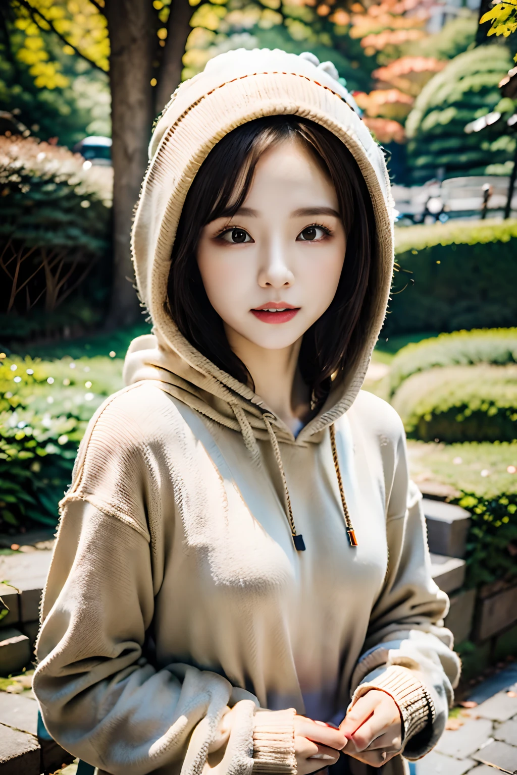 top-quality、masutepiece、portlate、parfect anatomy、独奏、1人の女性、japanes、Women with small breasts、Brown short bob、Long sleeve hoodie、Wear a long-sleeved hoodie hat、GunzeＹＧ,Old Denim、plein air、Explore Central Park、stroll