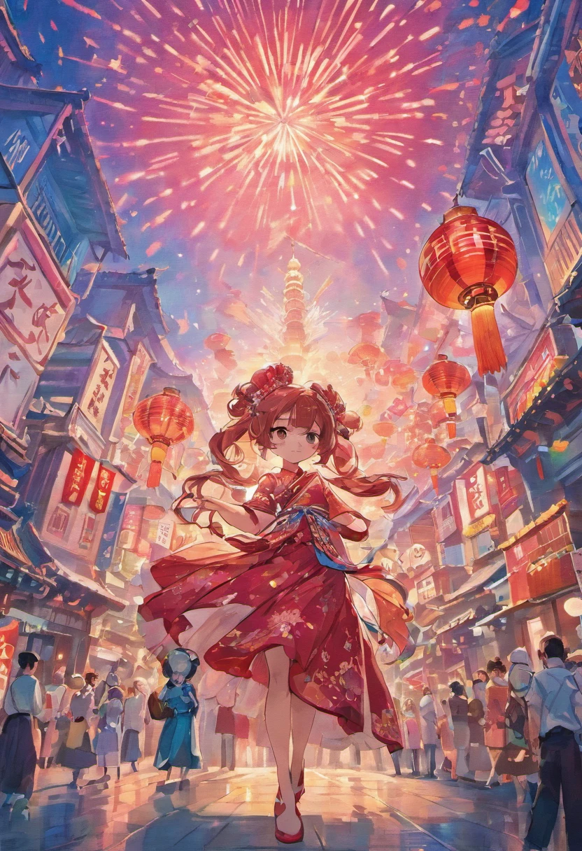 Chinese art,Chinese people celebrate their National Day,shanghai,Oriental pearl,A psychedelic color scheme is used,hyper detailed illustration,Light red and sky blue,Fictional landscapes,Psychedelic cartoon,Mountain view and ultra HD images,illustratio