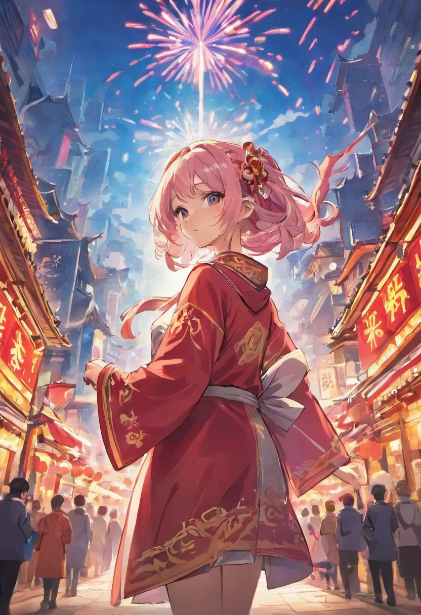 Chinese art,Chinese people celebrate their National Day,shanghai,Oriental pearl,A psychedelic color scheme is used,hyper detailed illustration,Light red and sky blue,Fictional landscapes,Psychedelic cartoon,Mountain view and ultra HD images,illustratio