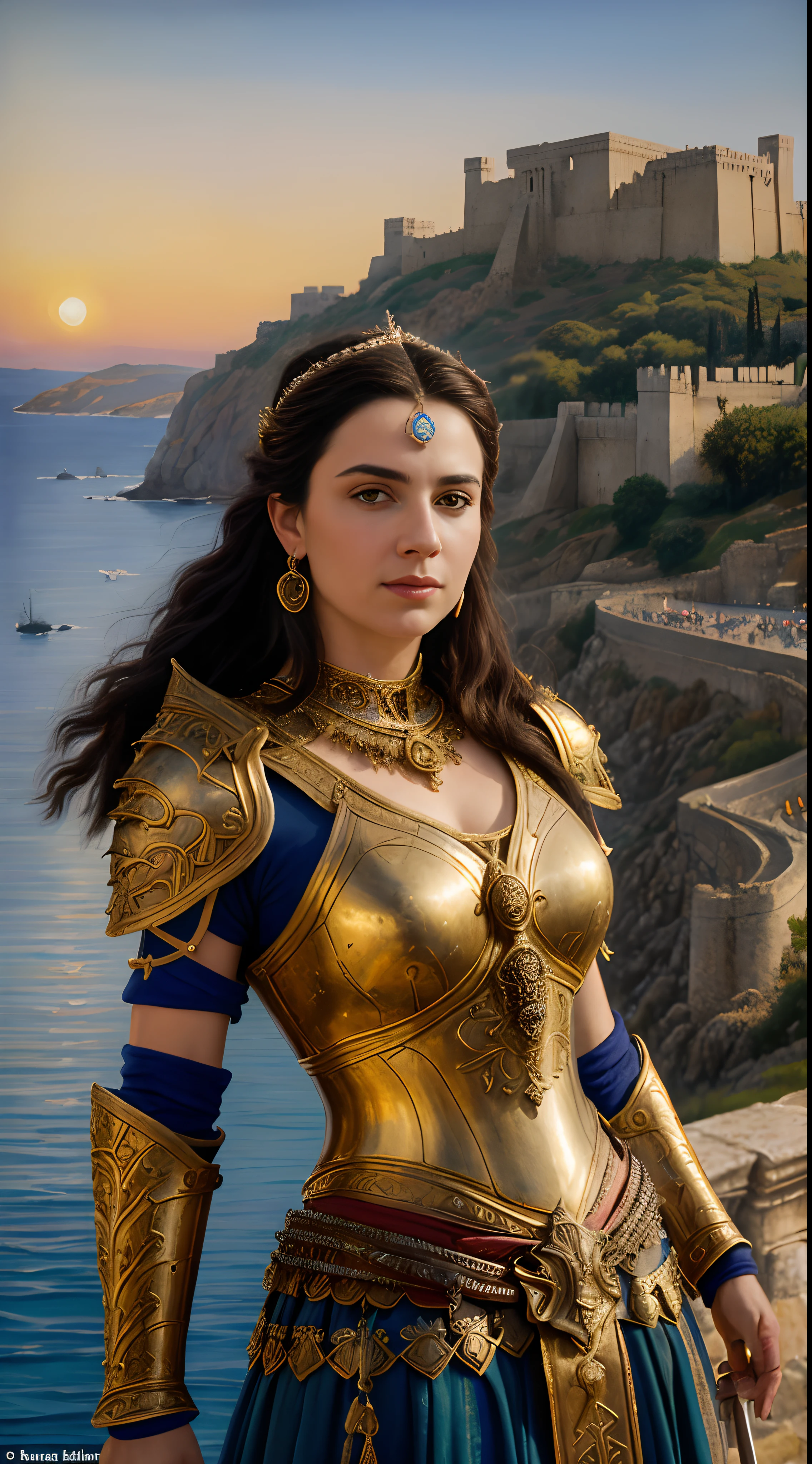 (masterpiece, UHD, oil painting, Greg Rutkowski style:1.2), Queen Artemisia I, (ornate armor:1.2), glistening sword in hand, 5th-century BC Caria, city walls in the background, blue Aegean sea, (golden sunset:1.1), vibrant and rich colors, proud and fearless expression, dynamic angle, extreme close-up.