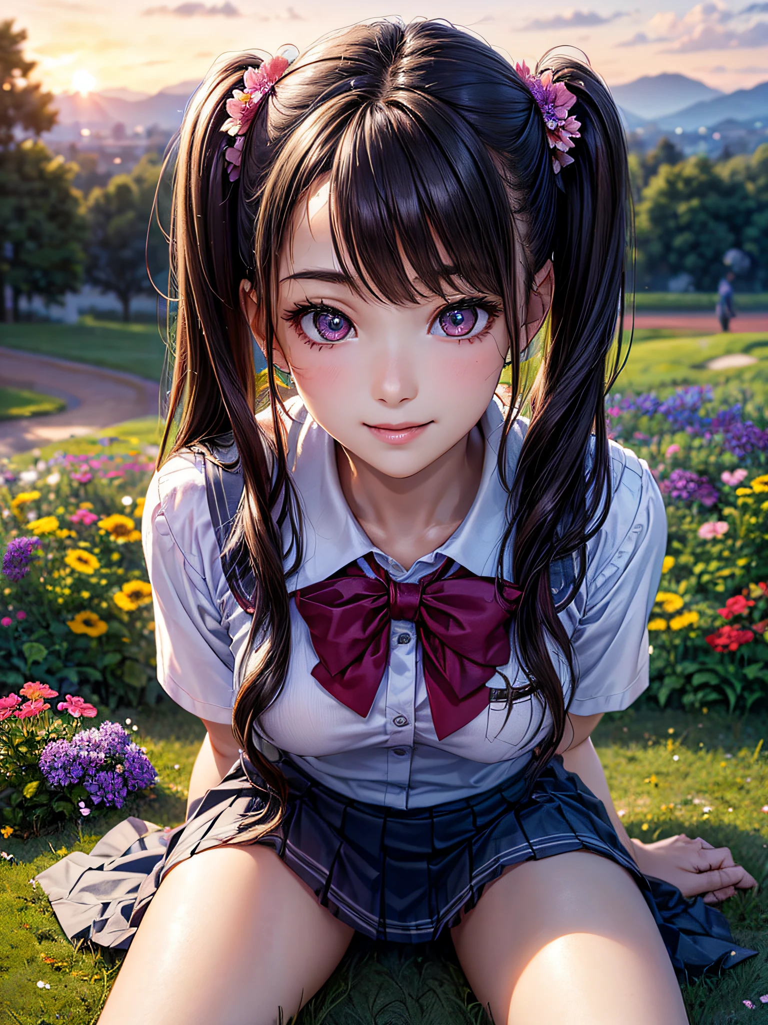 (ung girls), ((twintails)), brown hair, (highly detailed Beautiful face), Amazing face and eyes, (Best Quality:1.4), (Ultra-detailed), (extremely detailed CG unified 8k wallpaper), Highly detailed, High-definition raw color photos, Professional Photography, Realistic portrait, Amazing face and eyes, Pink eyes, (hi-school uniform, pleated mini skirt:1.3), ((hi-school uniform with open chest)), model, smile shyly, sitting, (open your legs), (((Bokeh))), depth of fields, depth of fields, ((meadow, flower garden)), (Surrounded by many flowers, flowers:1.5), twilight, sunset, (view from below:1.3),