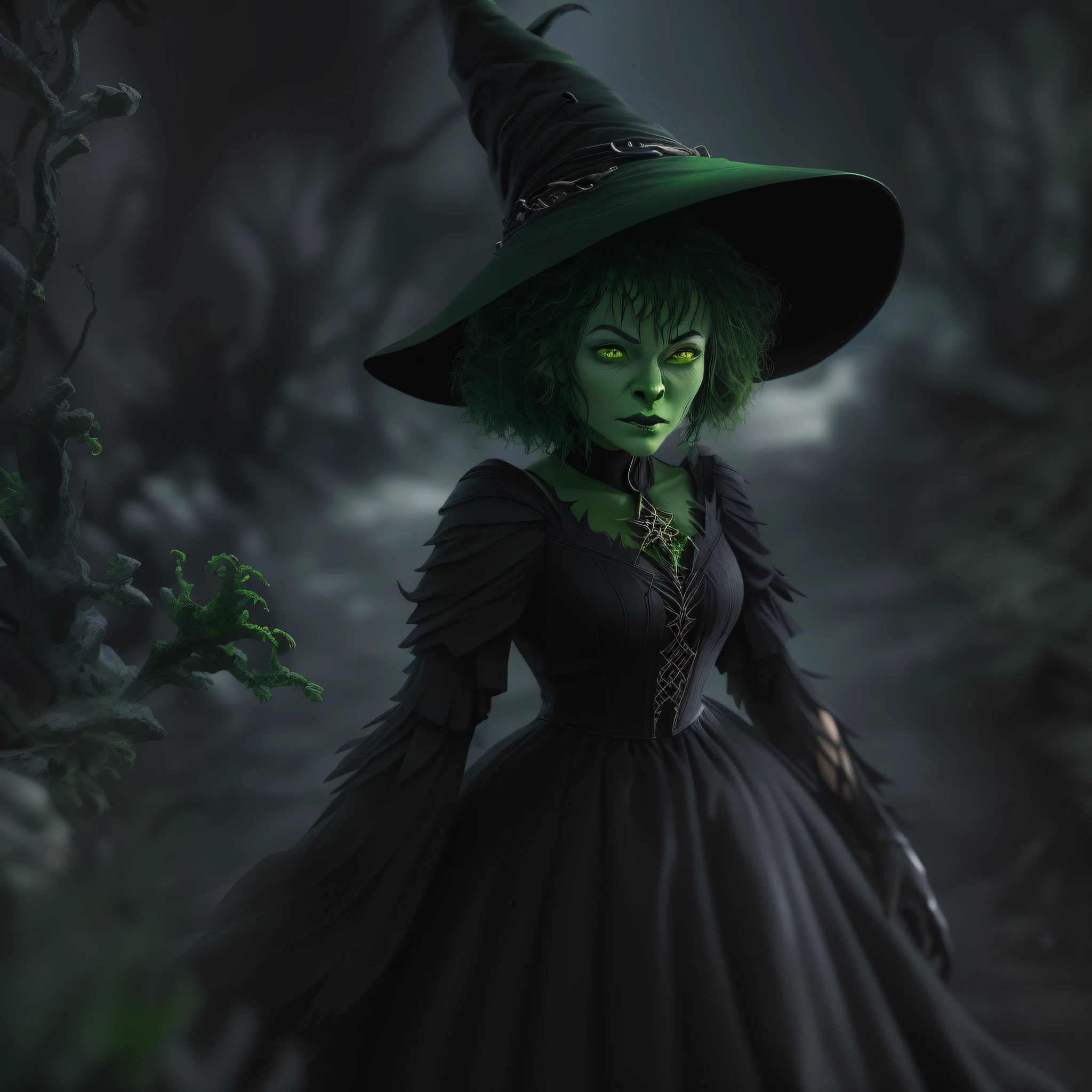 (((ugly green skinned witch))) from wizard of oz, (((flowing black dress))),(((black witch hat))), Drama Facebook,中景 the scene is,super-fine,ultra - detailed,high qulity,8K ,Sharply focus the eyes,highly detailed surreal vfx,oc rendered, - AR 16:9 --q 2 --s 1000, photo-realistic, octane render, unreal engine, ultra-realistic