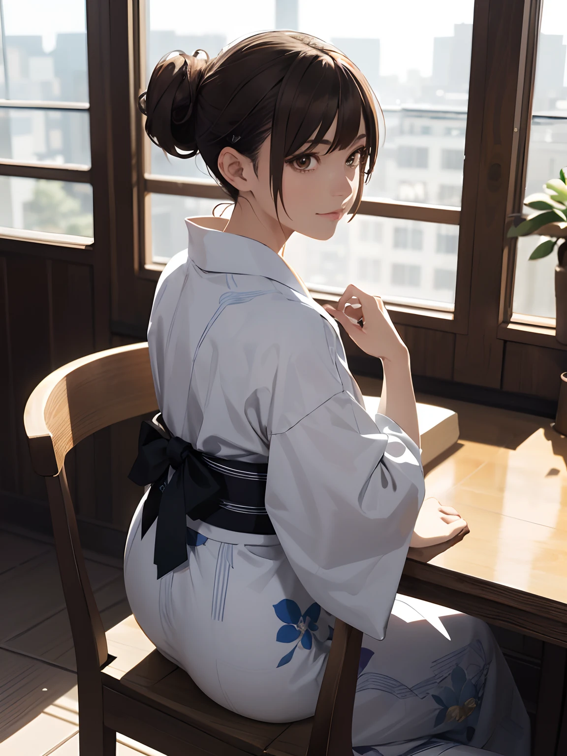 ((masterpiece)), (high quality), (super fine illustration), (realistic), 8k, anime screencap, large_filesize, full color, 1 girl, 25 years old, beautiful face, brown hair, long hair, half updo, brown eyes, almond shaped eyes, while skin, red eyeshadow, (makeup:0.5), light smile, indoors, night, view from directly behind and slightly above, she is sitting in a chair, facing the Window, she is wearing yukata, all the furniture is woodgrain, intricate detail, 3d, beautiful detailed fullbody, flat chest, bangs, beautiful detailed eyes, closed_mouth, delicate hands, medium_breasts, bloom,