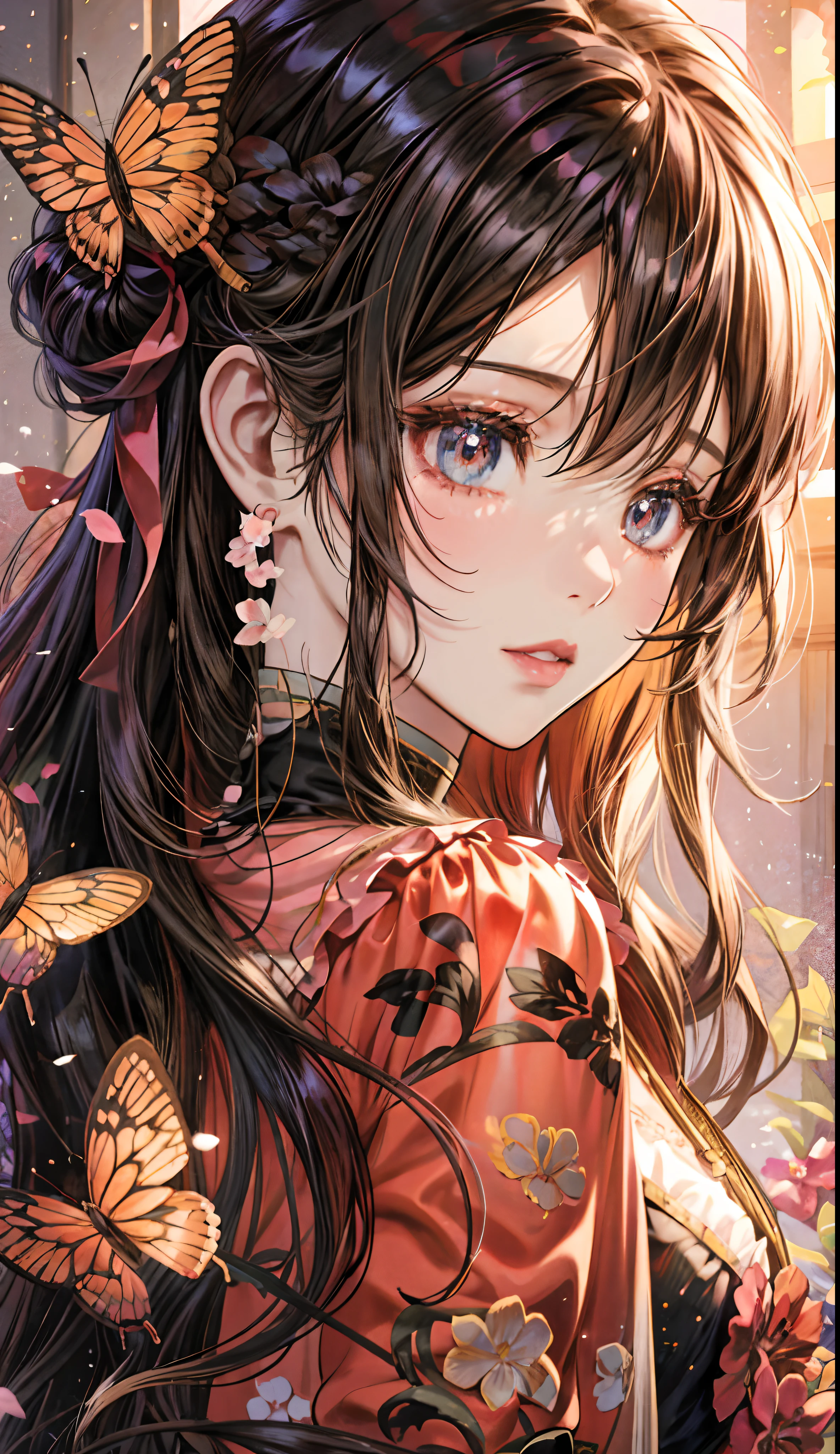 anime girl with butterfly hair and flowers in her hair, beautiful anime portrait, beautiful anime girl, detailed digital anime art, stunning anime face portrait, detailed portrait of anime girl, anime style 4 k, clean detailed anime art, pretty anime girl, guweiz, beautiful anime style, beautiful anime artwork, beautiful anime, beautiful anime art, beautiful anime face