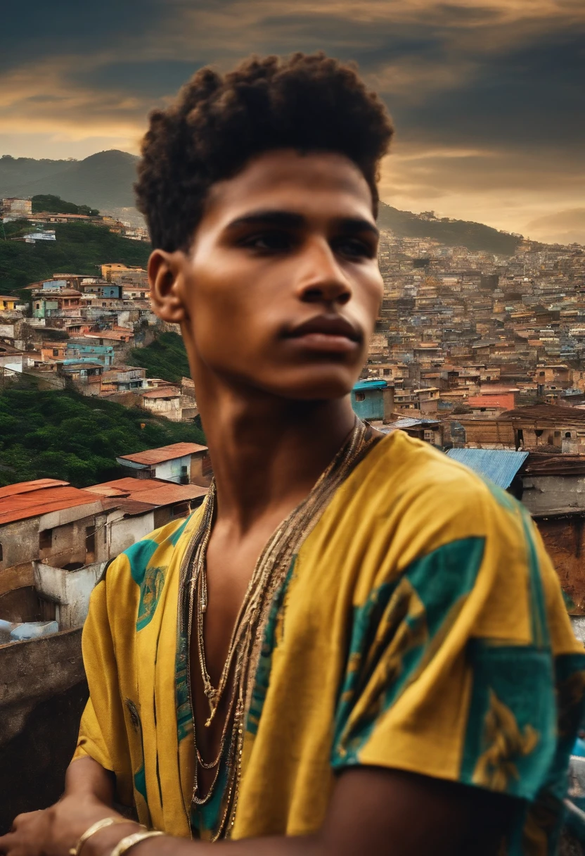 Boy 20 years old carioca style gold cord on neck favela landscape