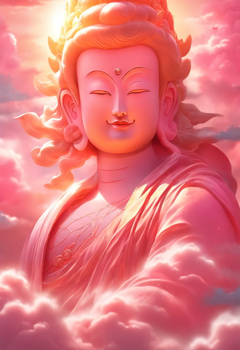 ((masutepiece))，(Best quality))，China style，Clear facial expressions，In the sky, The clouds form a huge transparent shiny white jade Maitreya Buddha statue，Thick clouds，and the sun was shining brightly，Pilgrims on the road，Hyper-realistic，Ultra photo realsisim，Pink，8K，High definition，high qulity，Works of masters，super-fine，（（（OC renderer）））