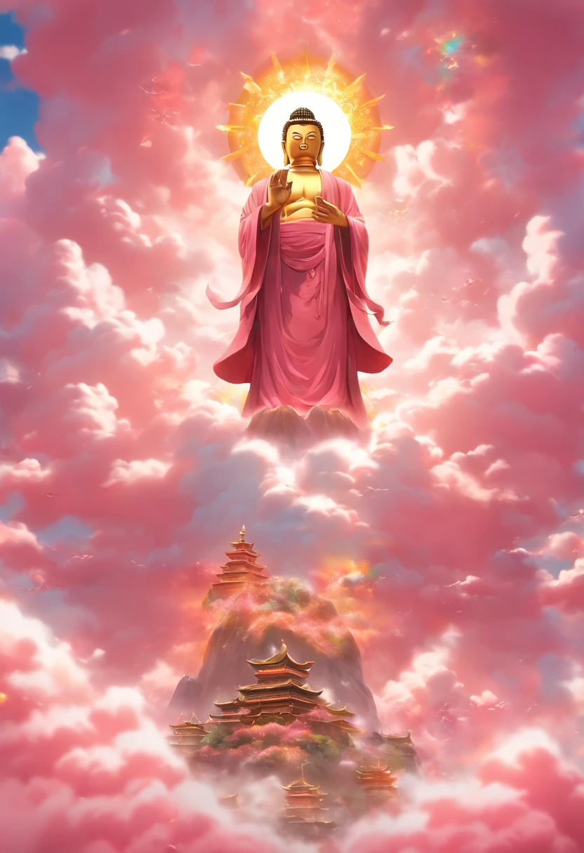 ((masutepiece)),(Best quality)),China style,Clear facial expressions,In the sky, The clouds form a huge transparent shiny white jade Maitreya Buddha statue,Thick clouds,and the sun was shining brightly,Pilgrims on the road,Hyper-realistic,Ultra photo realsisim,Pink,8K,High definition,high qulity,Works of masters,super-fine,(((OC renderer)))
