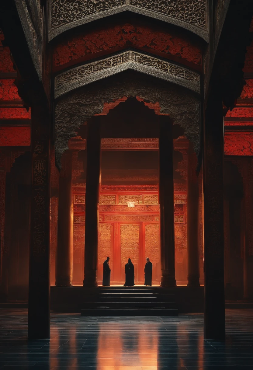 Oriental World Province,shadowy，The feeling of death，In the center of the tall hall sits an ancient emperor of the East，Beside him stood a woman in white and a man in black， Clean white background, Professional vector, Full shot,