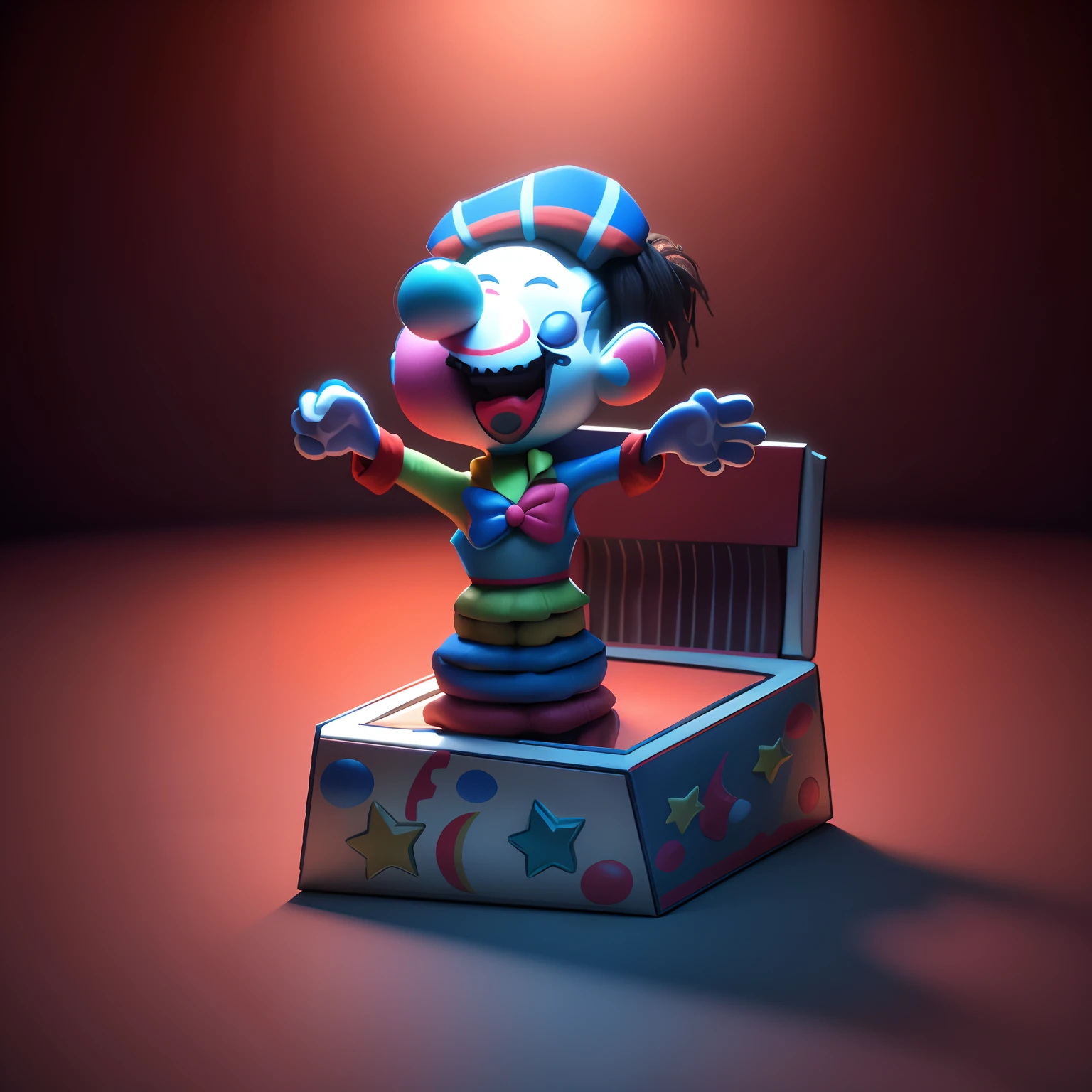 realista em 3d, 4k, olhos alegres, Clown in box, brinquedo, manter as cores