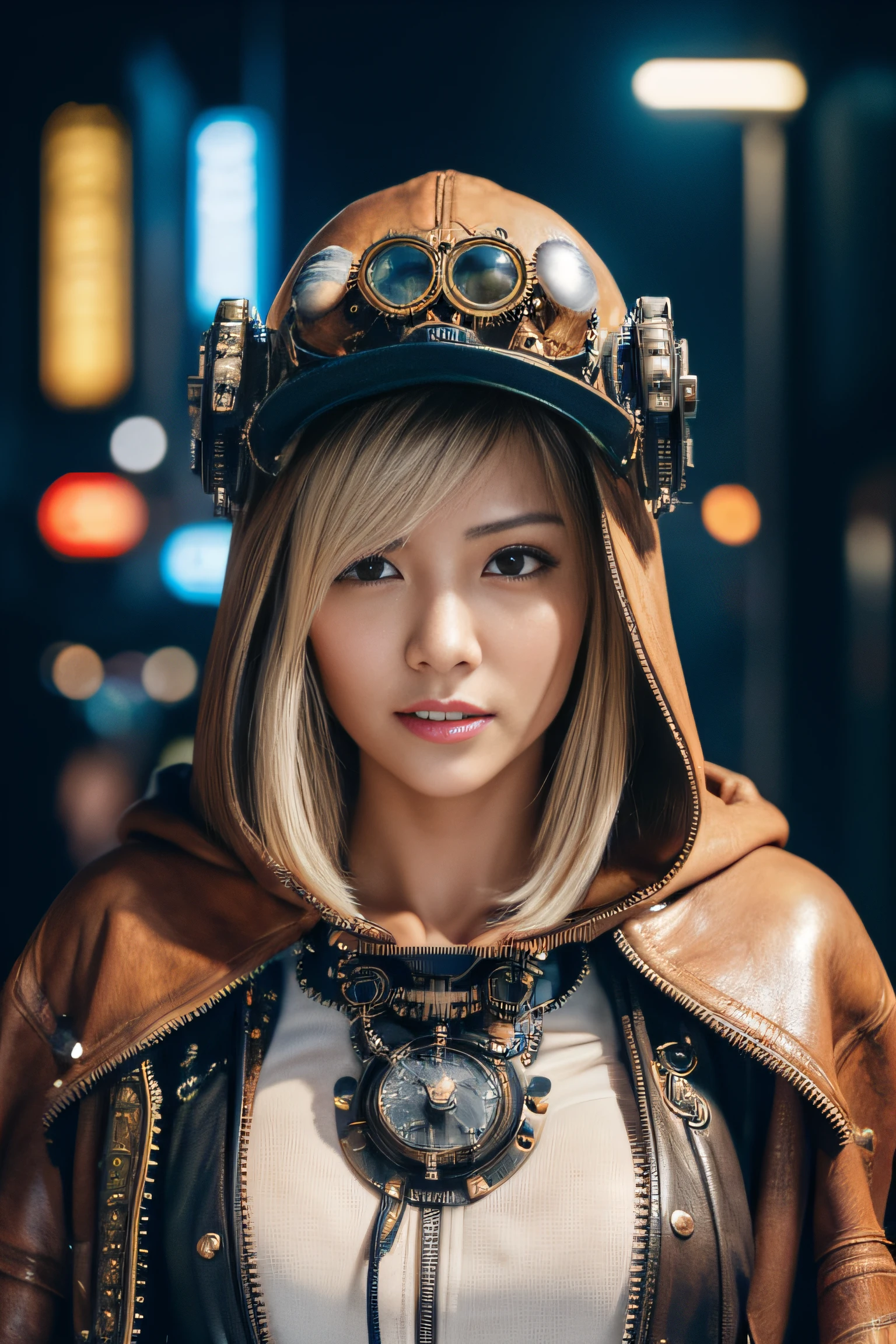 (masterpiece:1.2), ultra detailed, ultra high res, (realistic, photo realistic:1.37), high detail RAW color photo, professional photograph, an extremely delicate and beautiful, extremely detailed, Amazing, finely detail, extremely detailed beautiful girl, extremely detailed face, extremely detailed eyes, extremely detailed skin, extremely detailed fingers, extremely detailed nose, extremely detailed mouth, perfect anatomy, highly detailed background, (a famous actress of Japan:1.3), blond hair, shortcut hair, Tanned skin, (gal make:1.4), (gyaru:1.2), Dynamic lighting, (cyberpunk:1.3), (cyberpunk city), neon sign, (hologram:1.25), (full body:1.2), Zip-up hoodie, (hood up:1.2), midriff peek, (steampunk:1.45)