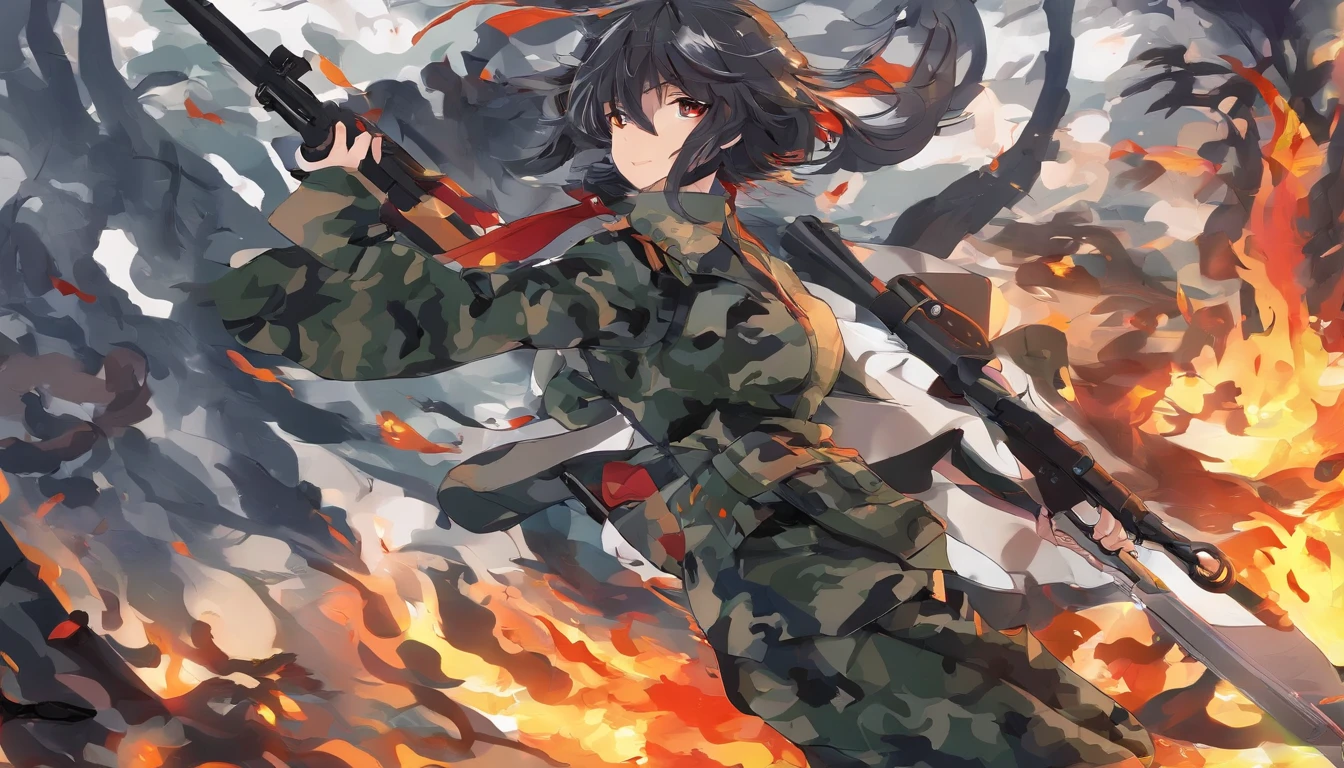 camouflage uniform,miltary,Surrounded by flames,Middle age,Dark wind,terroral