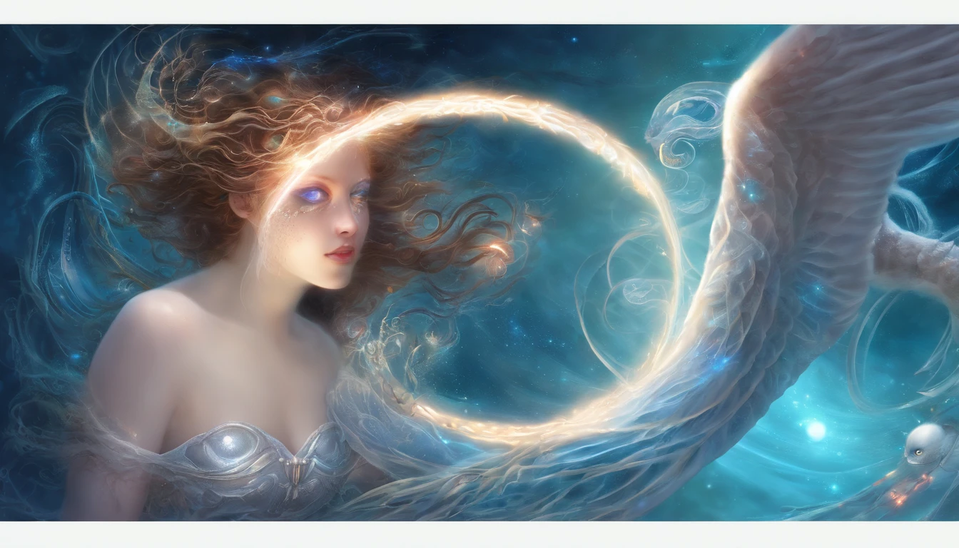 Cosmic Fallen Angel, glowing light eyes, Delicate and beautiful face,Bigchest,Biomechanical, eerie, Dream-like, Very bright colors, Light particles, with light glowing, Mshiv, wallpaper art, UHD wallpaper
