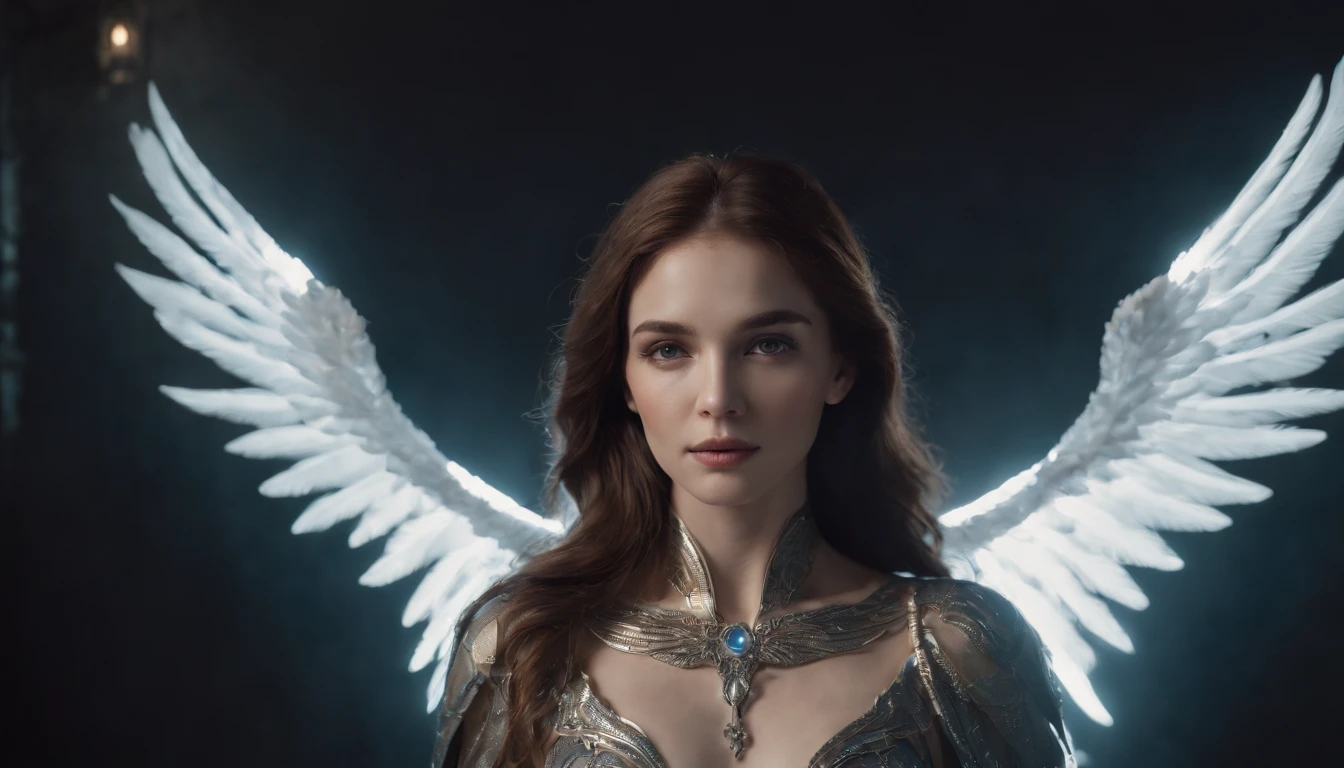 Cosmic Fallen Angel, glowing light eyes, Delicate and beautiful face,Bigchest,Biomechanical, eerie, Dream-like, Very bright colors, Light particles, with light glowing, Mshiv, wallpaper art, UHD wallpaper