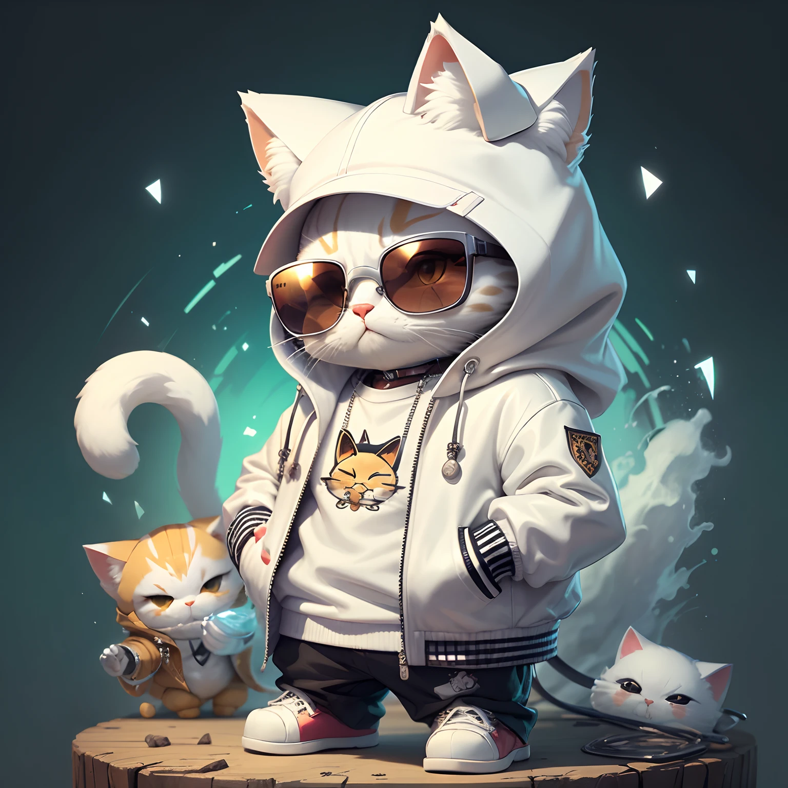 C4tt4stic,Cartoon white cat in jacket and sunglasses,,Handsome pose,wearing hat、I'm eating ramen,