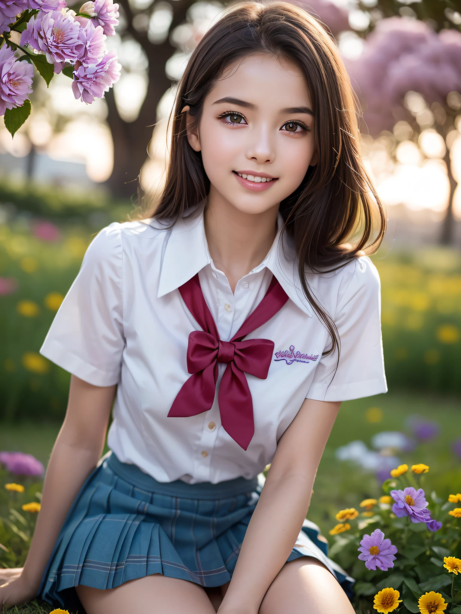 (ung girls), brown hair, (highly detailed Beautiful face), Amazing face and eyes, (Best Quality:1.4), (Ultra-detailed), (extremely detailed CG unified 8k wallpaper), Highly detailed, High-definition raw color photos, Professional Photography, Realistic portrait, Amazing face and eyes, Pink eyes, (hi-school uniform, pleated mini skirt:1.3), ((hi-school uniform with open chest)), model, smile shyly, sitting, (open your legs), (((Bokeh))), depth of fields, depth of fields, ((meadow, flower garden)), (Surrounded by many flowers, flowers:1.5), twilight, sunset, (view from below:1.3),