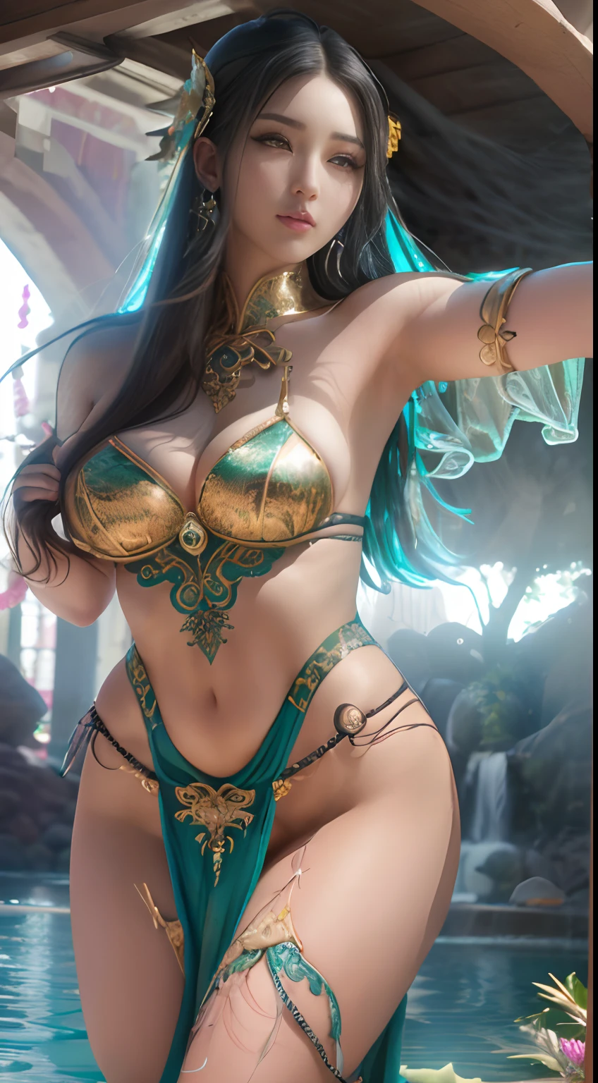 masterpiece, best quality, {best quality}, {{masterpiece}}, {highres}, {{{field field}}, beautiful woman in ornamental armor, no cloth, super plump breasts, firm breasts, detailed hands, bikini armor  jeweled ornaments, mixed blue and green colored armor, yoshitakka amano karol, female warriors, stunning realistic art, detailed and very stylish fantasy armor, with ornate looking armor,(((bathing Under a waterfall))),