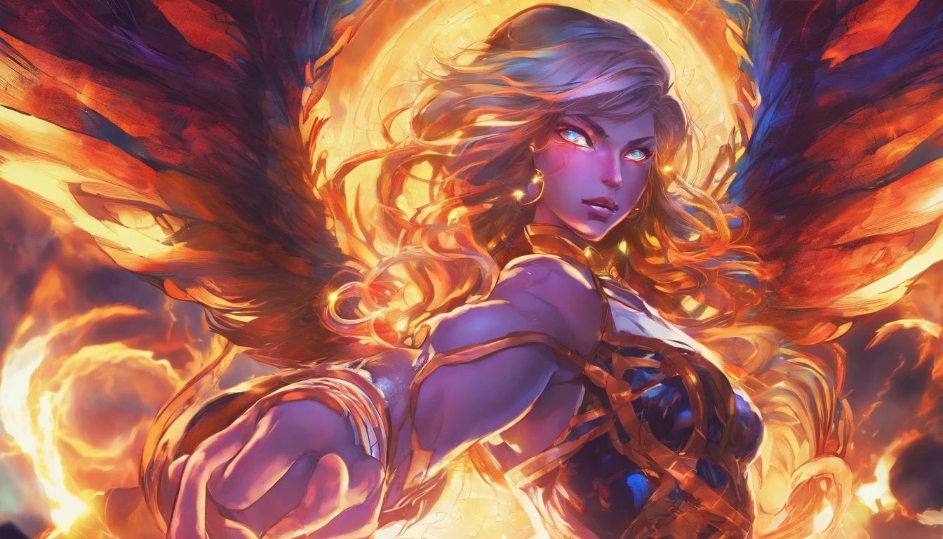 Cosmic Fallen Angel, glowing light eyes, Delicate and beautiful face,Bigchest,Biomechanical, eerie, Dream-like, Very bright colors, Light particles, with light glowing, Mshiv, wallpaper art, UHD wallpaper