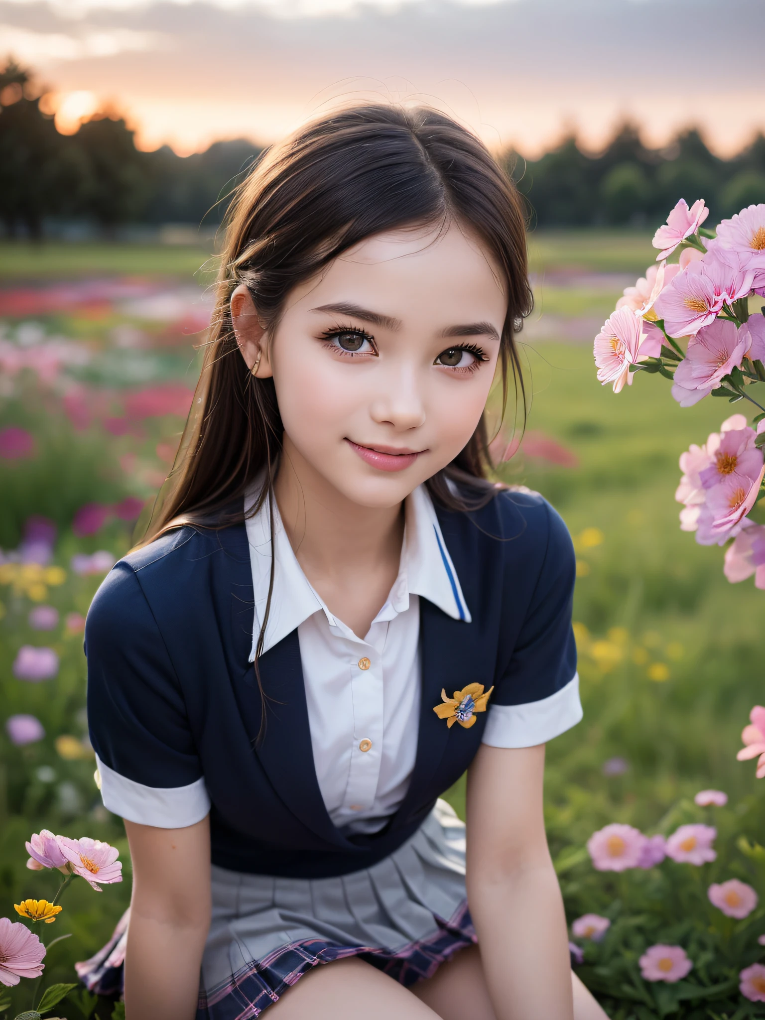 (1young girls), brown hair, (highly detailed Beautiful face), Amazing face and eyes, (Best Quality:1.4), (Ultra-detailed), (extremely detailed CG unified 8k wallpaper), Highly detailed, High-definition raw color photos, Professional Photography, Realistic portrait, Amazing face and eyes, Pink eyes, (hi-school uniform, pleated mini skirt:1.3), ((hi-school uniform with open chest)), model, smile shyly, sitting, (open your legs), (((Bokeh))), depth of fields, depth of fields, ((meadow, flower garden)), (Surrounded by many flowers, flowers:1.5), twilight, sunset, (view from below:1.3),