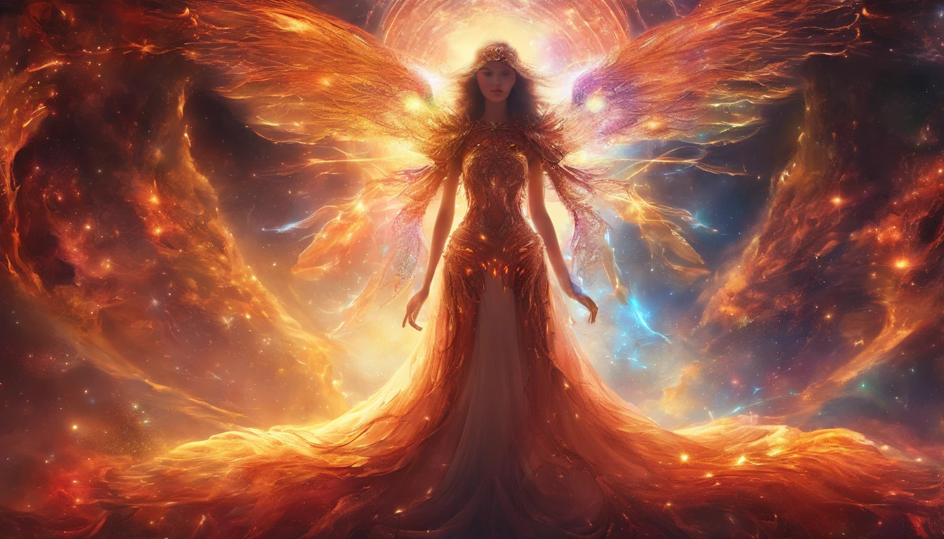 Cosmic Fallen Angel, glowing light eyes, Delicate and beautiful face,Bigchest,Biomechanical, eerie, Dream-like, Very bright colors, Light particles, with light glowing, Mshiv, wallpaper art, UHD wallpaper