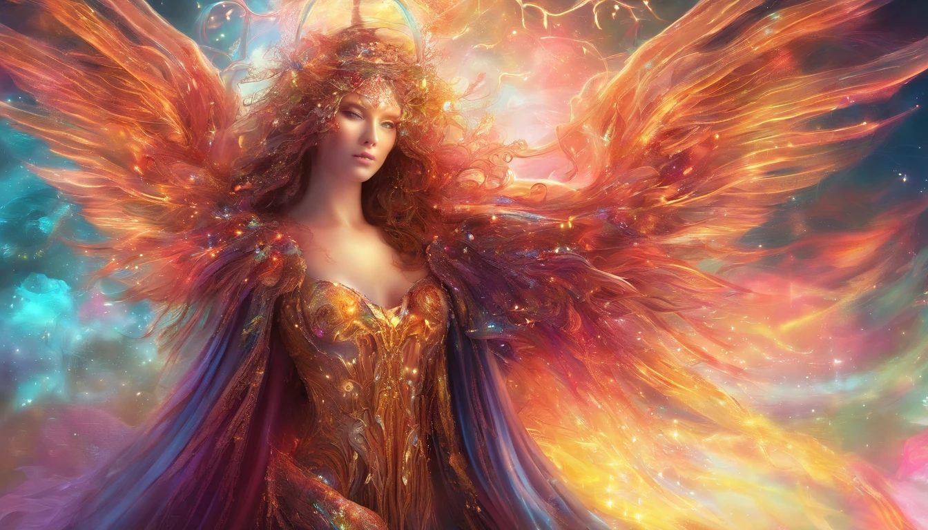 Cosmic Fallen Angel, glowing light eyes, Delicate and beautiful face，Bigchest，Biomechanical, eerie, Dream-like, Very bright colors, Light particles, with light glowing, Mshiv, wallpaper art, UHD wallpaper