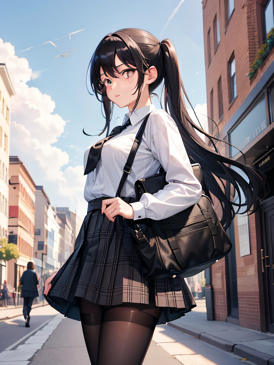1girl, bag, black_eyes, black_hair, black_legwear, blush, day, handbag, long_hair, looking_at_viewer, outdoors, pantyhose, plaid, plaid_skirt, pleated_skirt, school_bag, summer school_uniform, shirt, skirt, sky, solo, thighband_pantyhose, twintails, wind, wind_lift