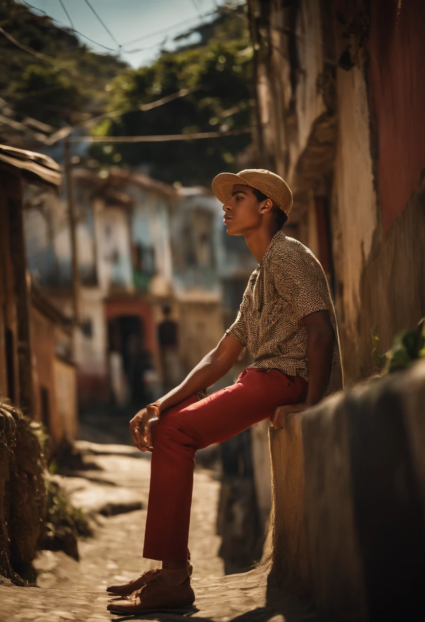 Boy 20 years old carioca style gold cord on neck favela landscape, skin color brunette lacoste hat