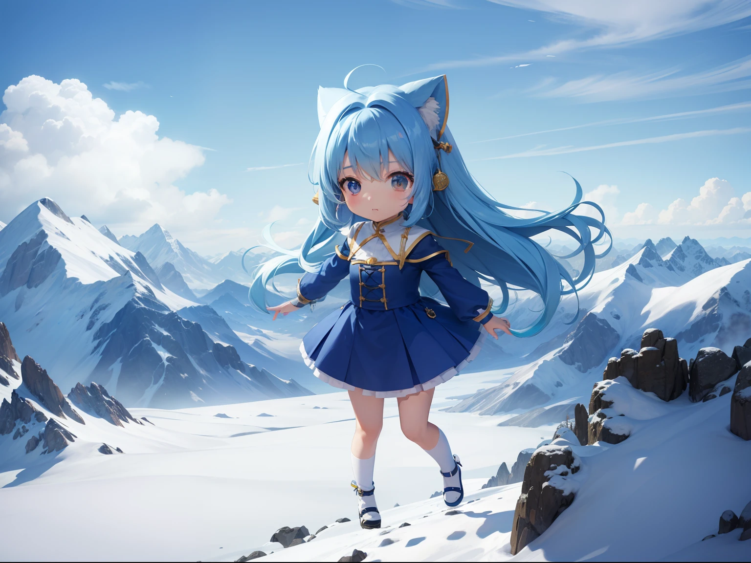 Girl character　Flying in the sky where you can see the mountains。long hair with blue hair((Chibi Chara))、Fluffy、girl with、Chibi Chara、full body Esbian、Pastel colors hair、masutepiece、top-quality、